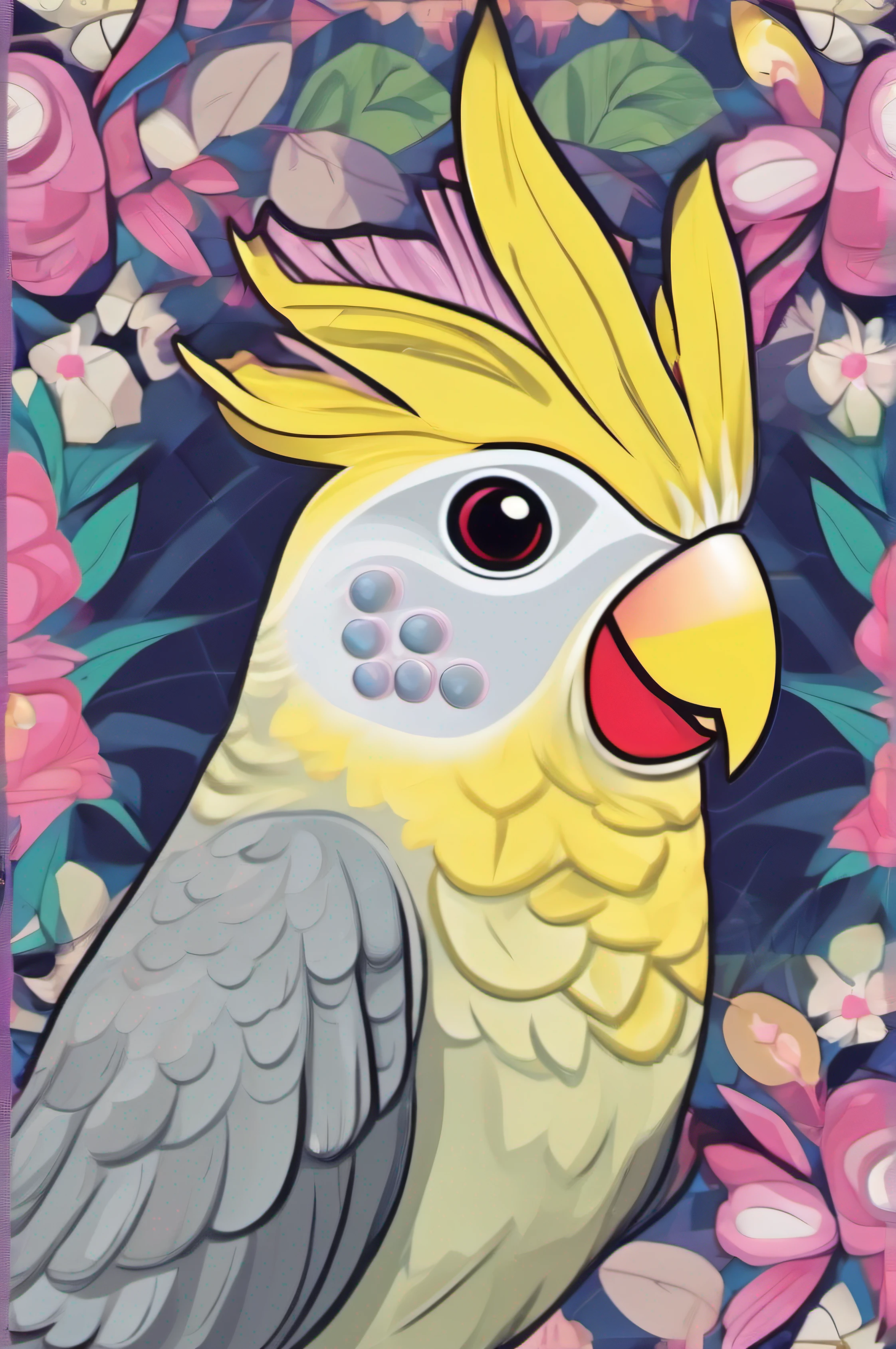 Generate an image of a happy grey cockatiel with a yellow face and pink cheeks, with a raised and slightly curved crest, open beak, and raised wings, flying in front of a background of fabric pattern leaves with shades of green and blue.