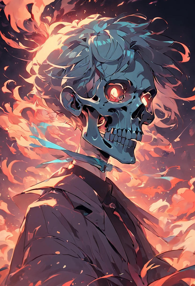 Skull,Smoke,hand painted style,Fluorescence effect,Random typesetting,