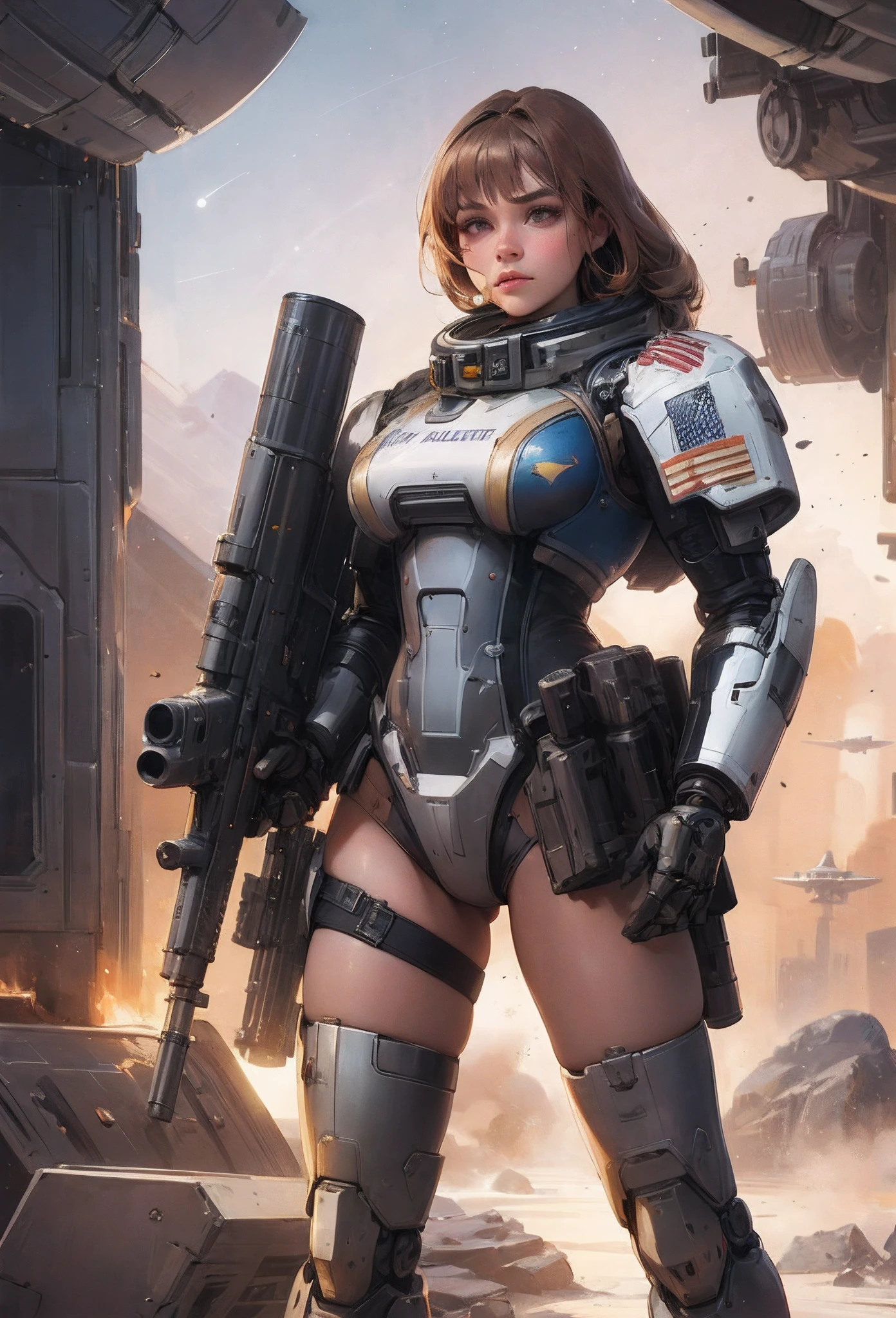 (Works of art of exceptional craftsmanship),(Ilustraciones detalladas,(Very ideal anatomy),Dibujo muy detallado y detallado,Delicate lines slowly and quickly,(Realistic texture expression)),[Color braided main line],(Campo de batalla espacial [Space Mobile Fortress]),[solo],[[anime]] Bionic Girl Beauty 15 years ((bien musculoso)) [regordete] (Astronautas Cyborg) [Cuerpo de Marines Espaciales Militares [MASCHINEBODY]],Lanza de hierro [[Bazooka de ametralladora] Saber Rifle Bullet Belt Firearm][[Paquete Rocket]],[Demonio blanco],Frente de gravedad cero,Gravure battle damage,Combate espacial,(Fine and beautiful skin expression [transparencia]),[Mirada clara],[Detalles de ojos perfectos (Beautifully drawn eyes down to the smallest detail)],(Hermosa cara perfecta [Detalles faciales realistas:0.8]),[More about shiny hair],(Detalles perfectos para las manos),(perfectamente proporcionado:1.2),([Advanced structural understanding of materials],Ideal color coordination),([Precision detail],Alta calidad,high resolusion),[(Accurate simulation of light-material interactions),Mechanically correct representation,Perfect anatomy],[Arte de graffiti con sentido narrativo].