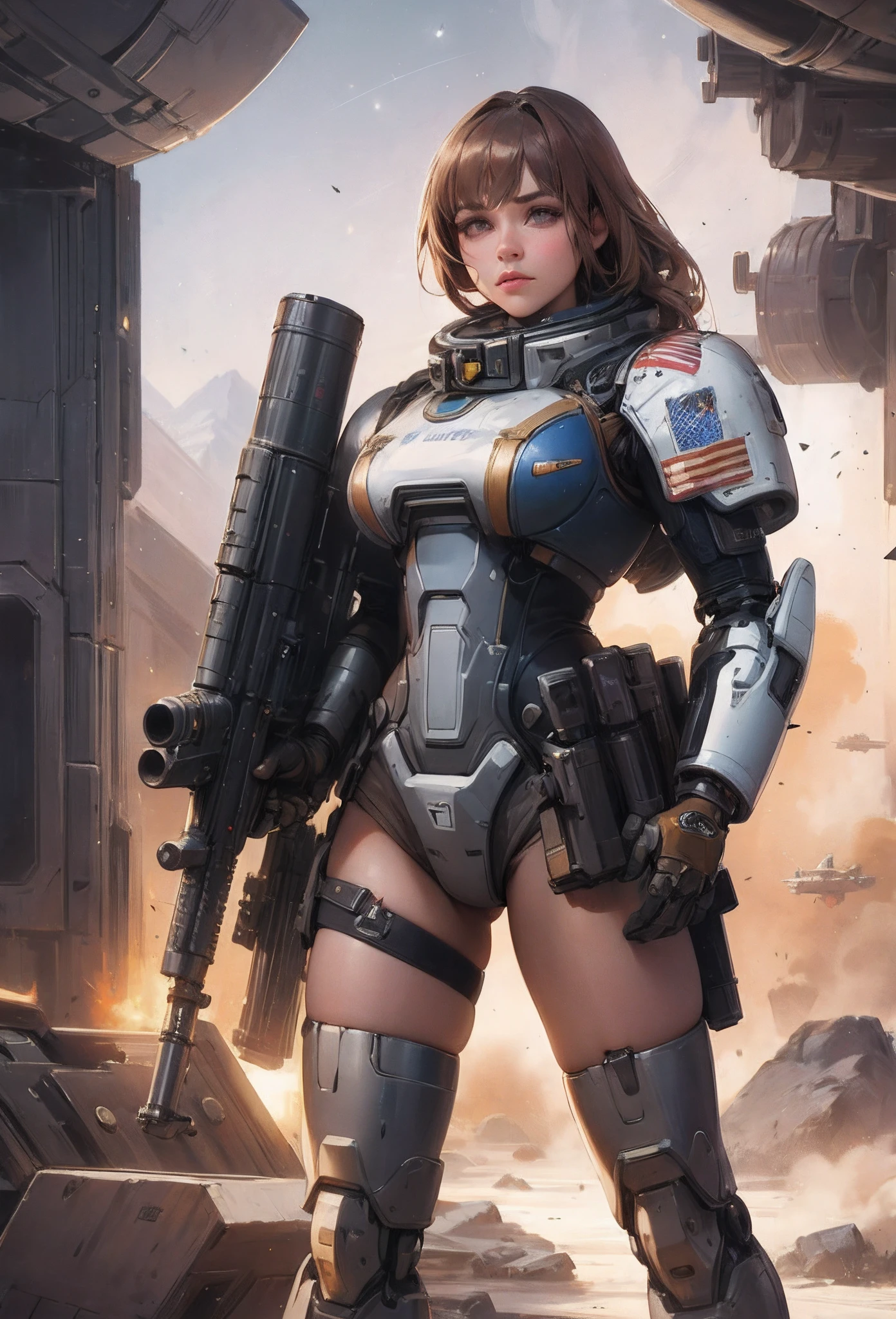 (Works of art of exceptional craftsmanship),(Ilustraciones detalladas,(Very ideal anatomy),Dibujo muy detallado y detallado,Delicate lines slowly and quickly,(Realistic texture expression)),[Color braided main line],(Campo de batalla espacial [Space Mobile Fortress]),[solo],[[anime]] Bionic Girl Beauty 15 years ((bien musculoso)) [regordete] (Astronautas Cyborg) [Cuerpo de Marines Espaciales Militares [MASCHINEBODY]],Lanza de hierro [[Bazooka de ametralladora] Saber Rifle Bullet Belt Firearm][[Paquete Rocket]],[Demonio blanco],Frente de gravedad cero,Gravure battle damage,Combate espacial,(Fine and beautiful skin expression [transparencia]),[Mirada clara],[Detalles de ojos perfectos (Beautifully drawn eyes down to the smallest detail)],(Hermosa cara perfecta [Detalles faciales realistas:0.8]),[More about shiny hair],(Detalles perfectos para las manos),(perfectamente proporcionado:1.2),([Advanced structural understanding of materials],Ideal color coordination),([Precision detail],Alta calidad,high resolusion),[(Accurate simulation of light-material interactions),Mechanically correct representation,Perfect anatomy],[Arte de graffiti con sentido narrativo].