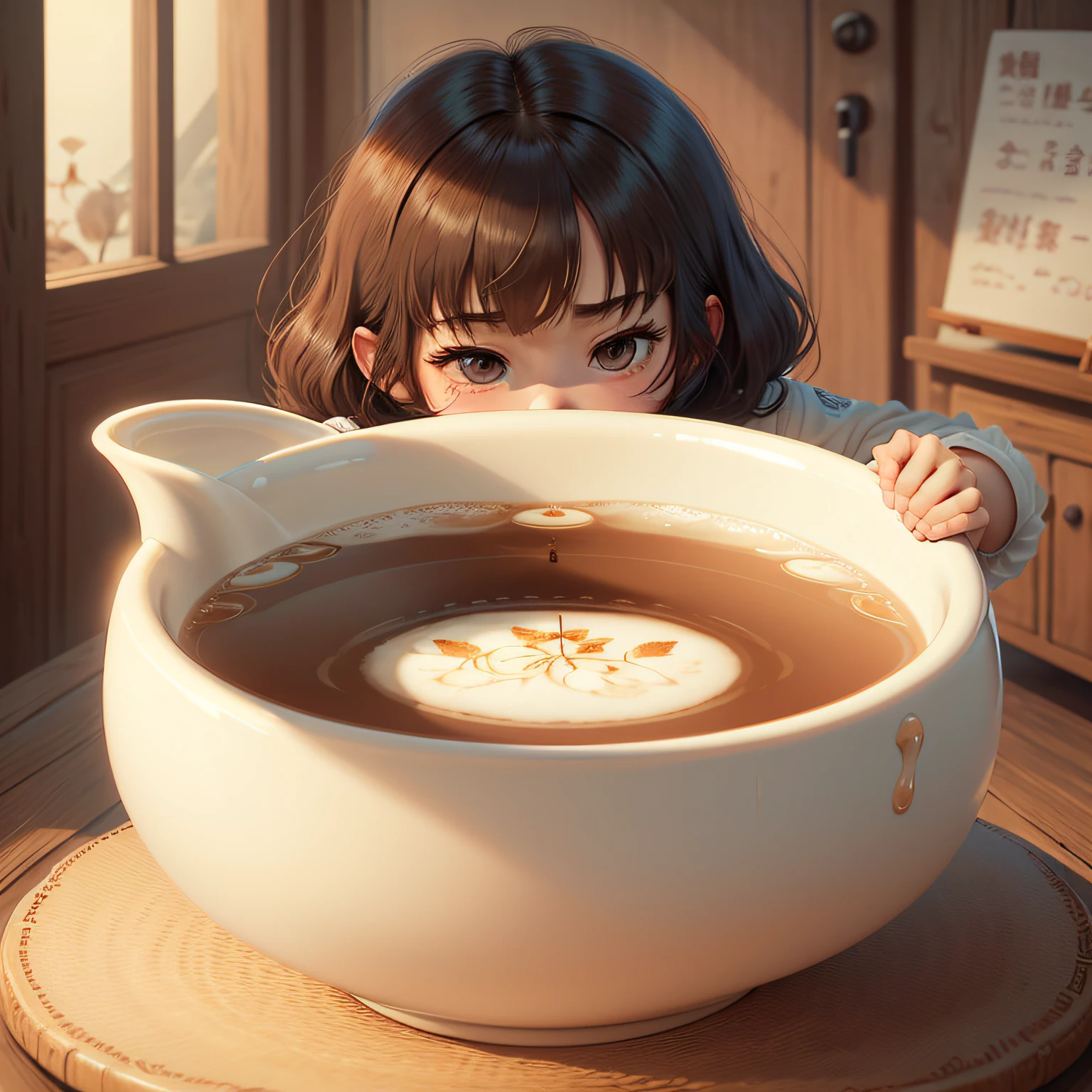 Delicate round face,Large cup of milk tea