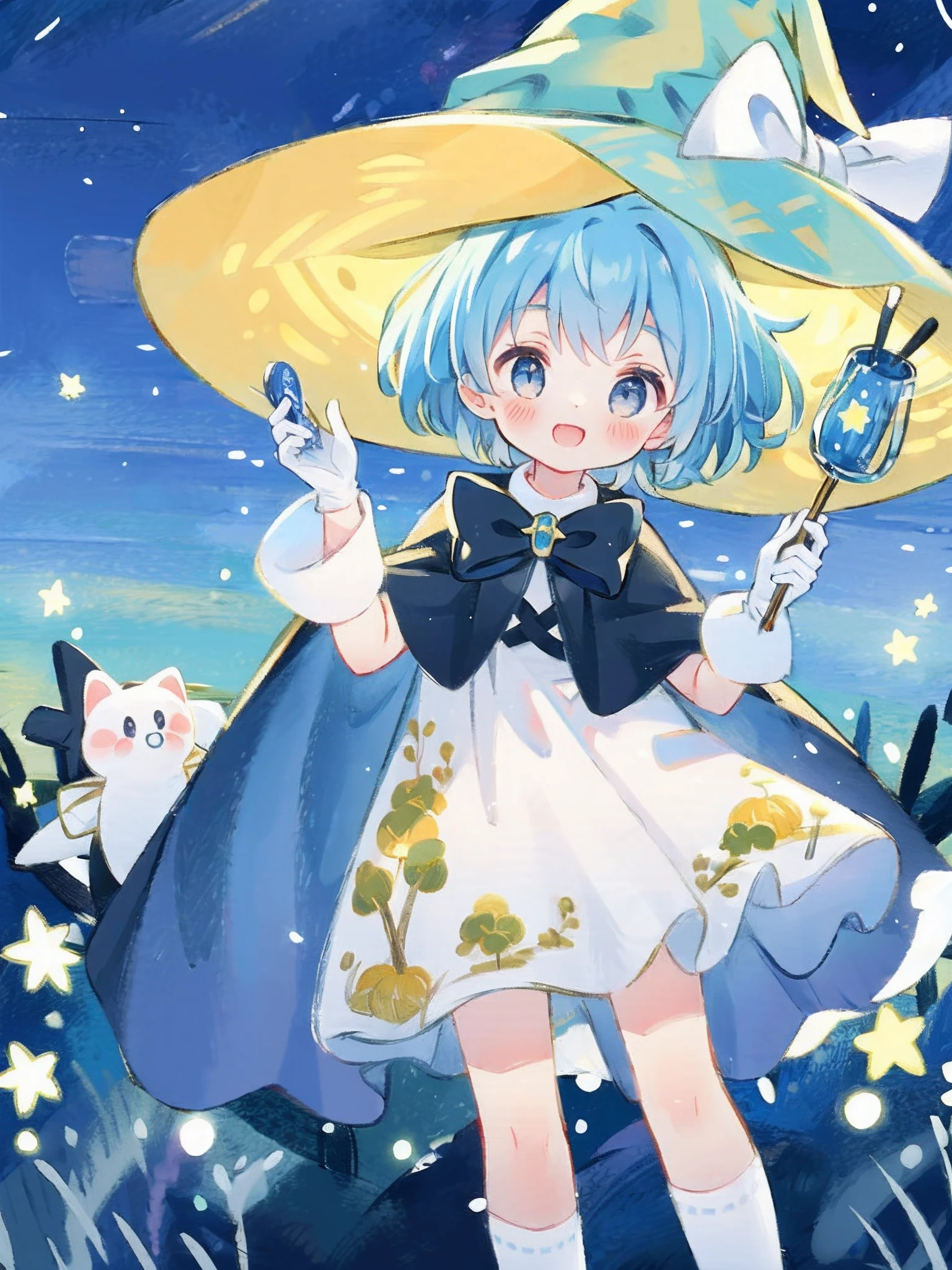 ((masterpiece:1.2, best quality)), 1girl, solo, (witch hat), a close up of a girl with curl hair, short hair, dress, aurora, night, star (sky), gloves, sky, dress, night sky, open mouth, starry sky, light blue eyes, ribbons, smile, cape, blue hair, magic, casting spell, night, (impressionism:1.4), alphonse mucha, Halloween colors, colorful candy