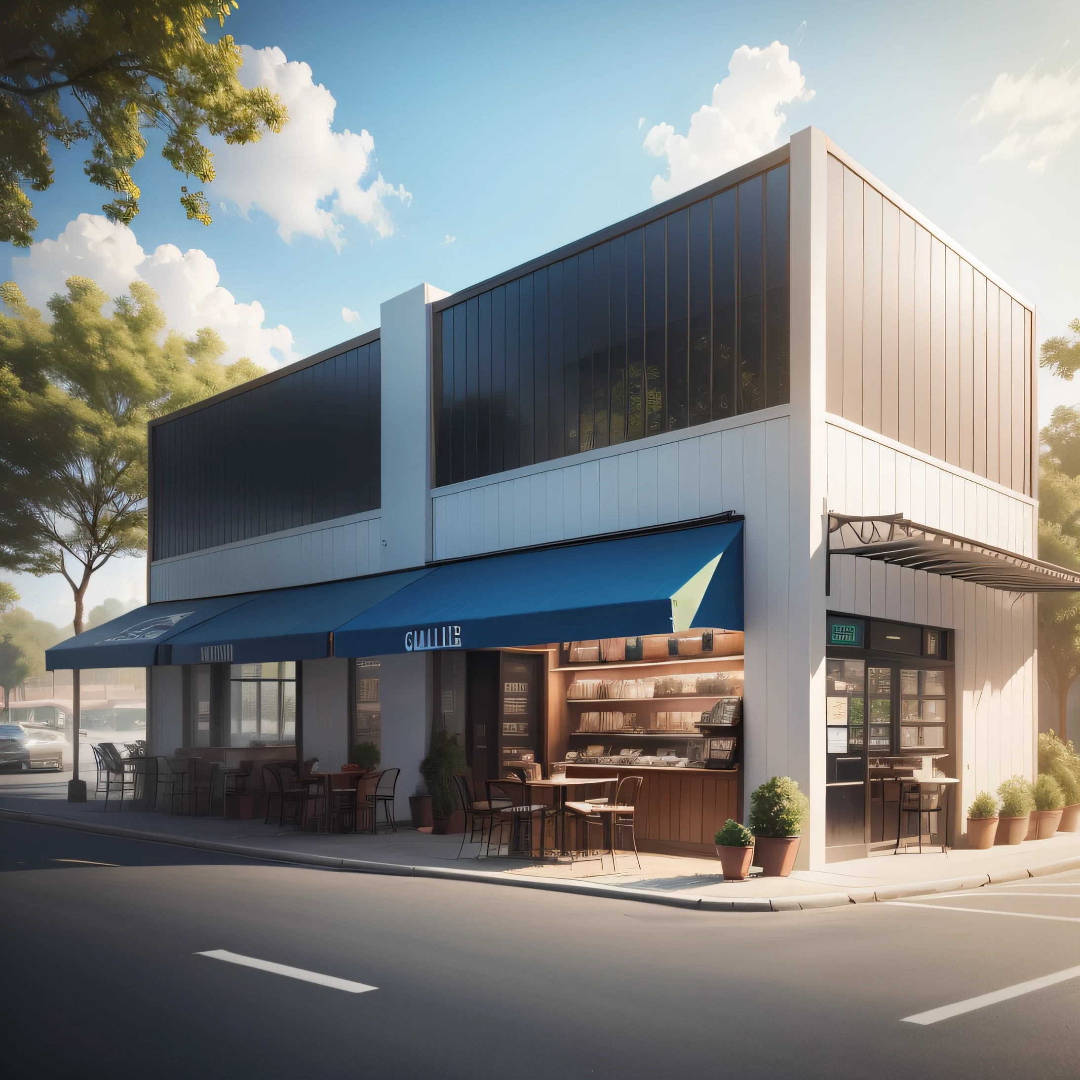 A full single building of a cafe shop, empty parking lot, clear blue sky, greenery background, realistic, full lighting