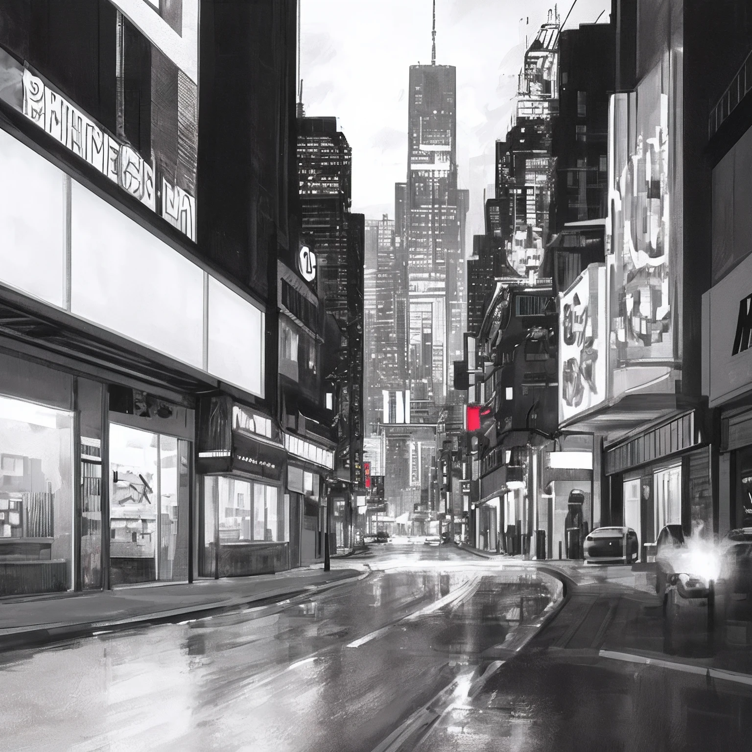 Manga background in greyscale, (((high contrast sillouettes))) fuzzy wet nigth. dark and neon ligths Blade runner look, futuristic city street, in city street, city streetscape, taken with a pentax k1000, at a city street, from street level, in city street at night, in the city ((((white BMW sedand front view)))) coming to the viewer, 80 grades angle