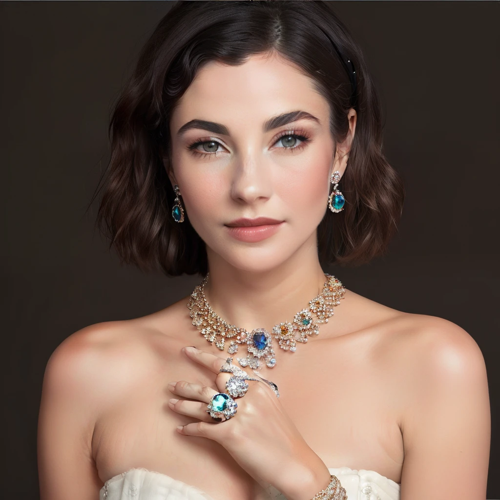 Arad woman poses for a photo wearing a necklace and a gold ring of gemstones,Decorated with precious stones,Photo of hand jewelry model,Gold is very gorgeous jewelry,ornate and intricate jewelry,Wear elegant jewelry,Covered with jewelry,flashy jewels,intricate jewelry,Exquisite gorgeous jewelry,of gorgeous women,Silver jewelry,very beautiful woman,flashy jewels,encrusted with jewels