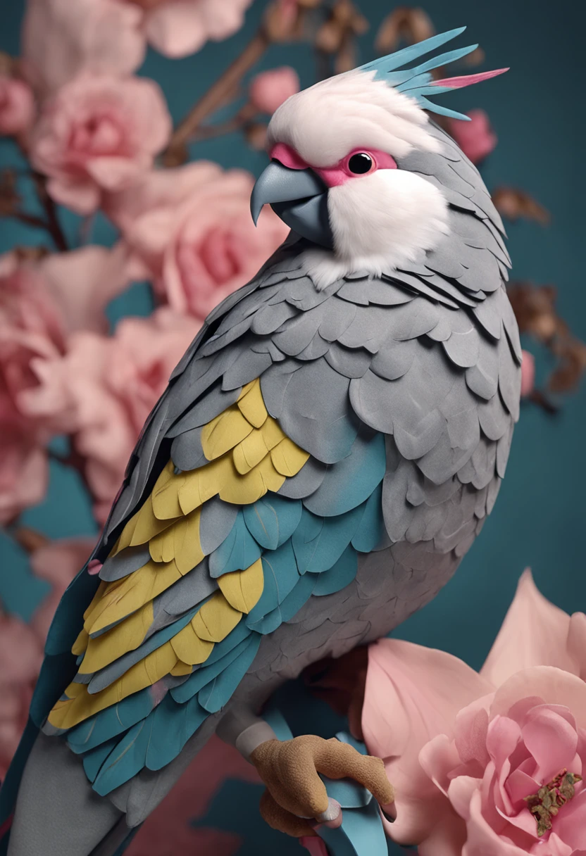 Create a super-detailed HD image of a grey cockatiel with a yellow face and pink cheeks, with a raised and slightly curved crest, open beak, and raised wings, standing on a pile of fabric pattern leaves with shades of green and blue.