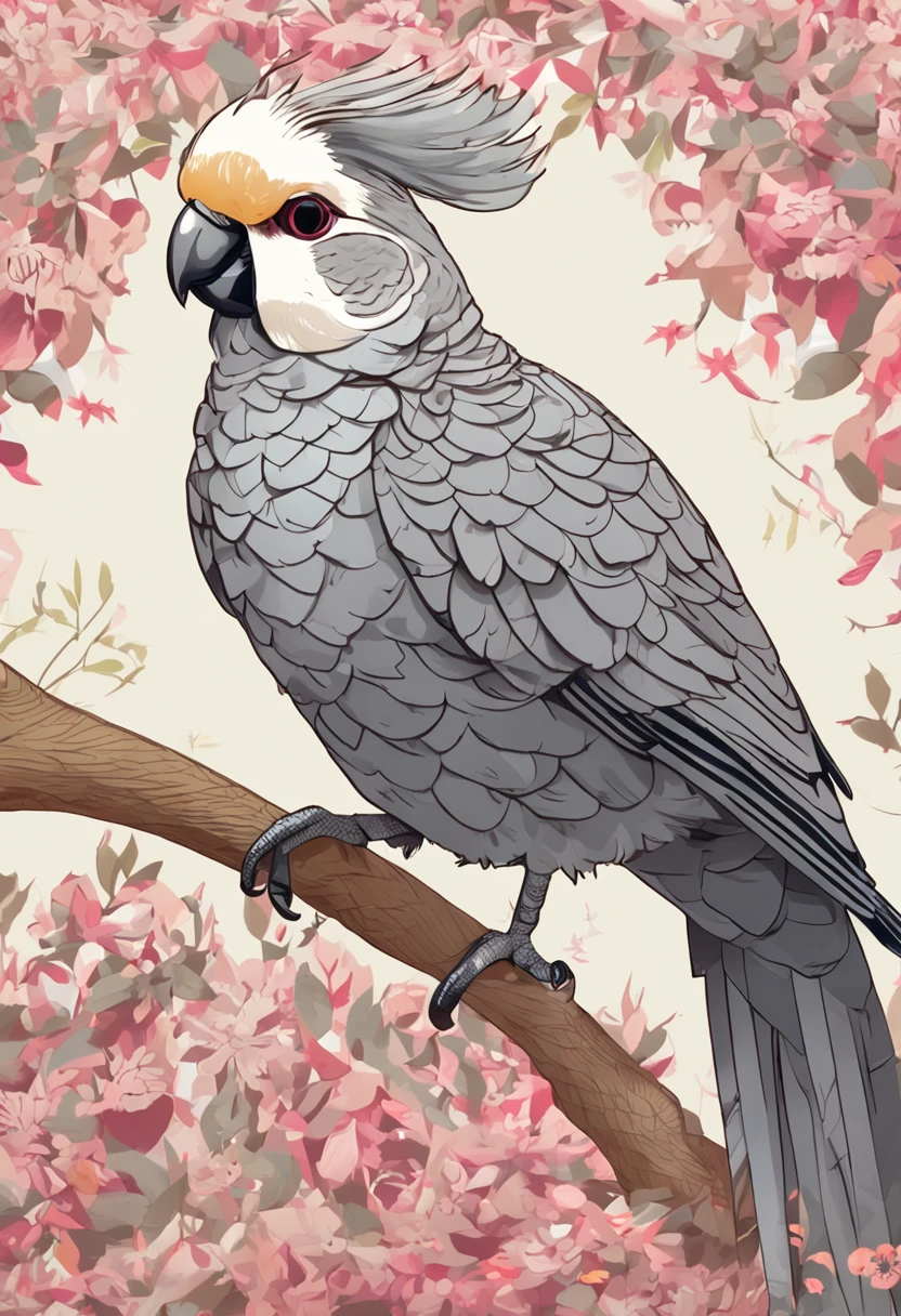 Create a super-detailed HD image of a grey cockatiel with a yellow face and pink cheeks, with a raised and slightly curved crest, open beak, and raised wings, standing on a pile of fabric pattern leaves with shades of green and blue.