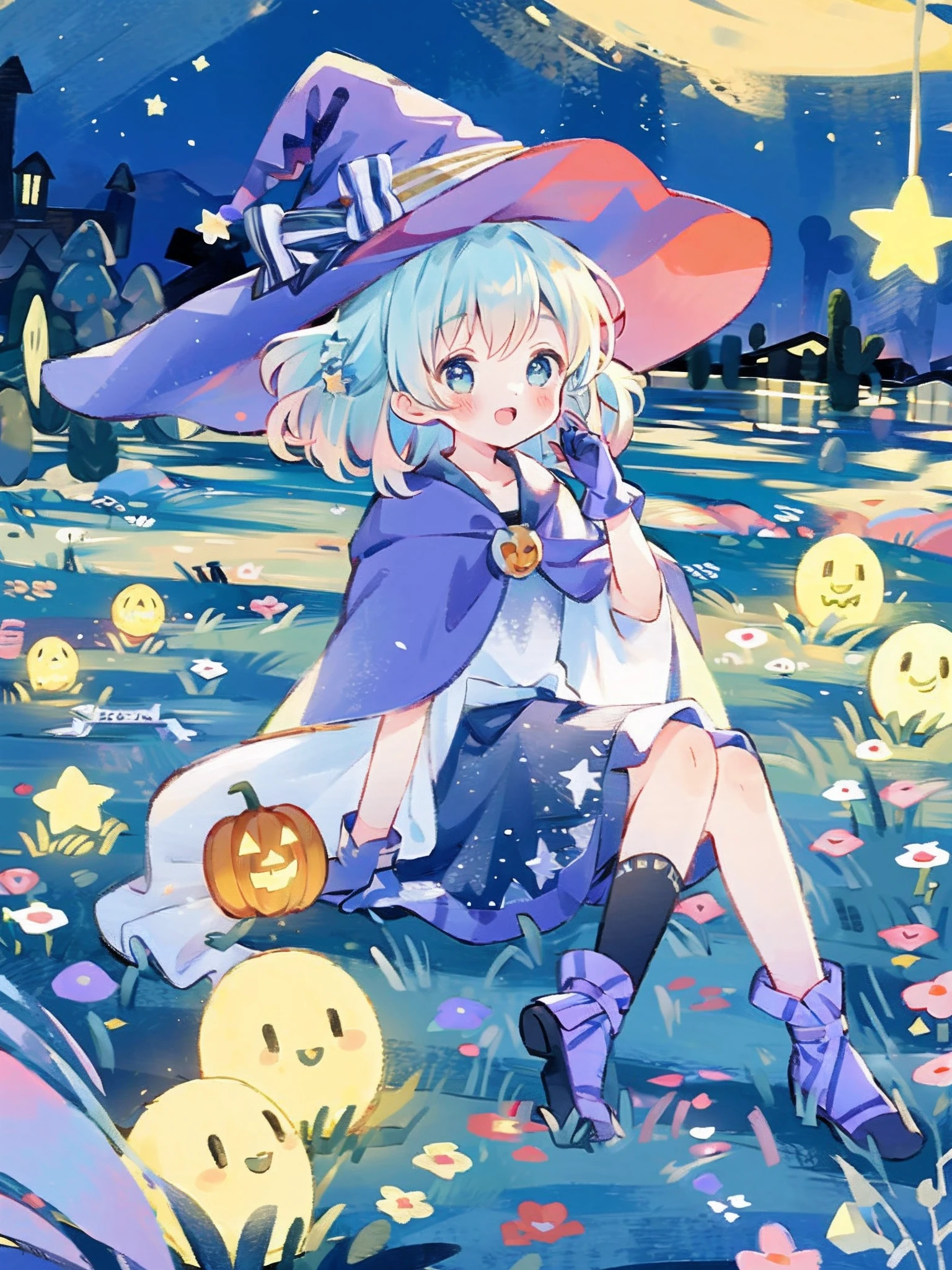 ((masterpiece:1.2, best quality)), 1girl, solo, (witch hat), a close up of a girl with curly hair, dress, aurora, night, star (sky), gloves, sky, dress, night sky, open mouth, starry sky, light blue eyes, ribbons, smile, cape, colorful hair, magic, casting spell, night, (impressionism:1.4), alphonse mucha, Halloween colors, colorful candy, magical lights, pumpkins, candies