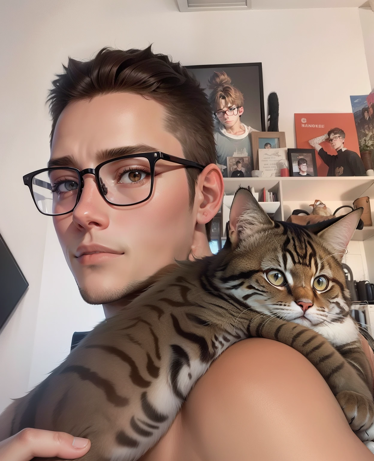 An 18-year-old man with brown hair with glasses with his cat,head portrait