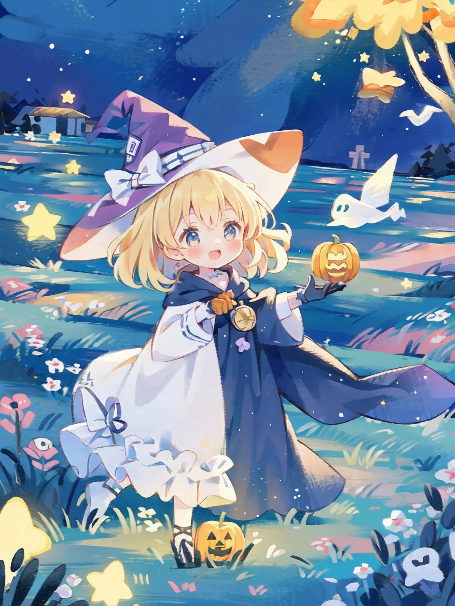 ((masterpiece:1.2, best quality)), 1girl, solo, (witch hat), a close up of a girl with curly hair, dress, aurora, night, star (sky), gloves, sky, dress, night sky, open mouth, starry sky, light blue eyes, ribbons, smile, cape, colorful hair, magic, casting spell, night, (impressionism:1.4), alphonse mucha, Halloween colors, colorful candy, magical lights, pumpkins, candies