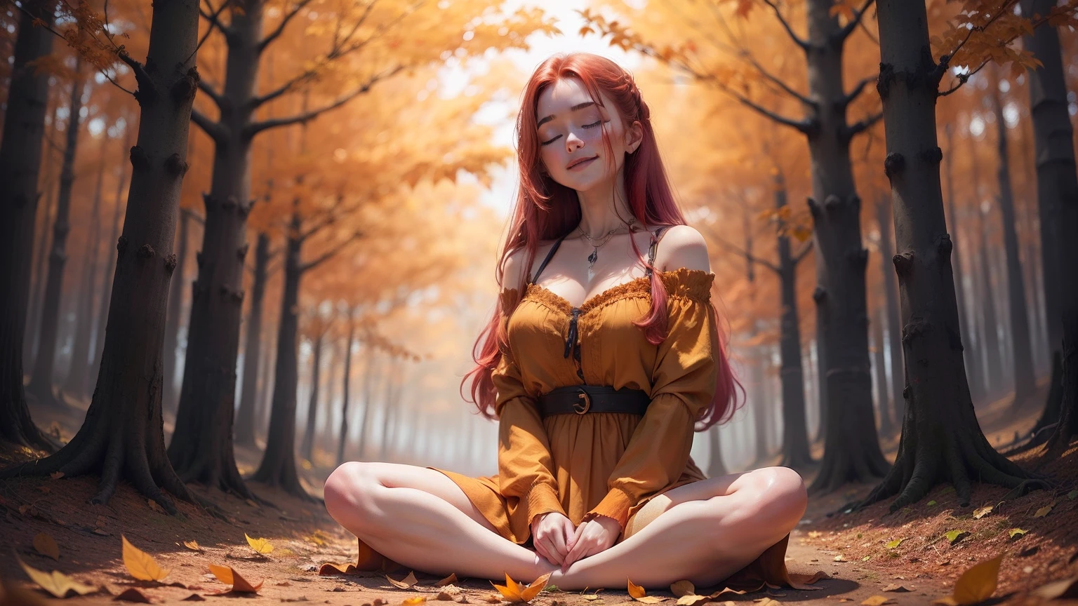 1 girl, ((closed eyes)), cabelo vermelho, uma mulher ruiva sorrindo com olhos fechados, with bohemian dress without necklines, Sitting on the floor in Lotus posture, in a forest full of autumn trees with leaves in shades of orange and red. O solo coberto de folhas cria uma atmosfera calma.