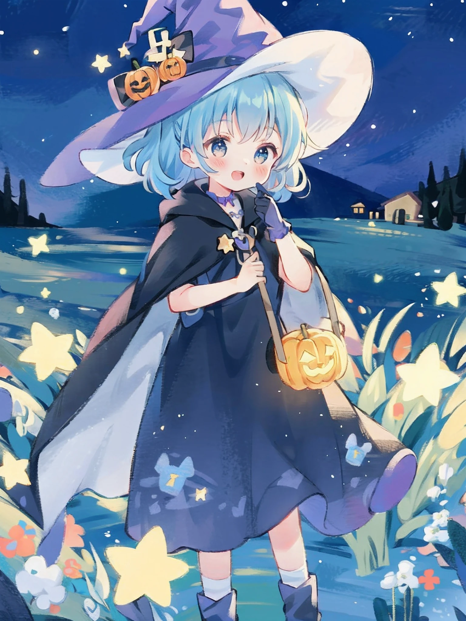 ((masterpiece:1.2, best quality)), 1girl, solo, (witch hat), a close up of a girl with curly hair, dress, aurora, night, star (sky), gloves, sky, dress, night sky, open mouth, starry sky, light blue eyes, ribbons, smile, cape, blue hair, magic, casting spell, night, (impressionism:1.4), alphonse mucha, Halloween colors, colorful candy