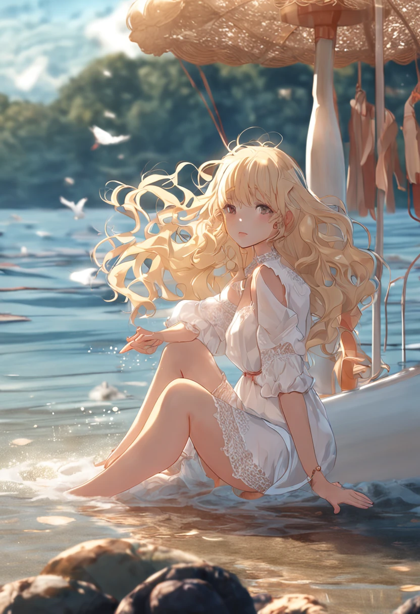 Long blonde curly hair, loli, white lace swimsuit, seaside, duck life buoy