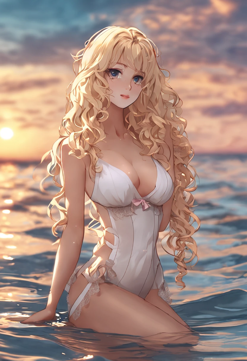 Long blonde curly hair, loli, white lace swimsuit, seaside, duck life buoy