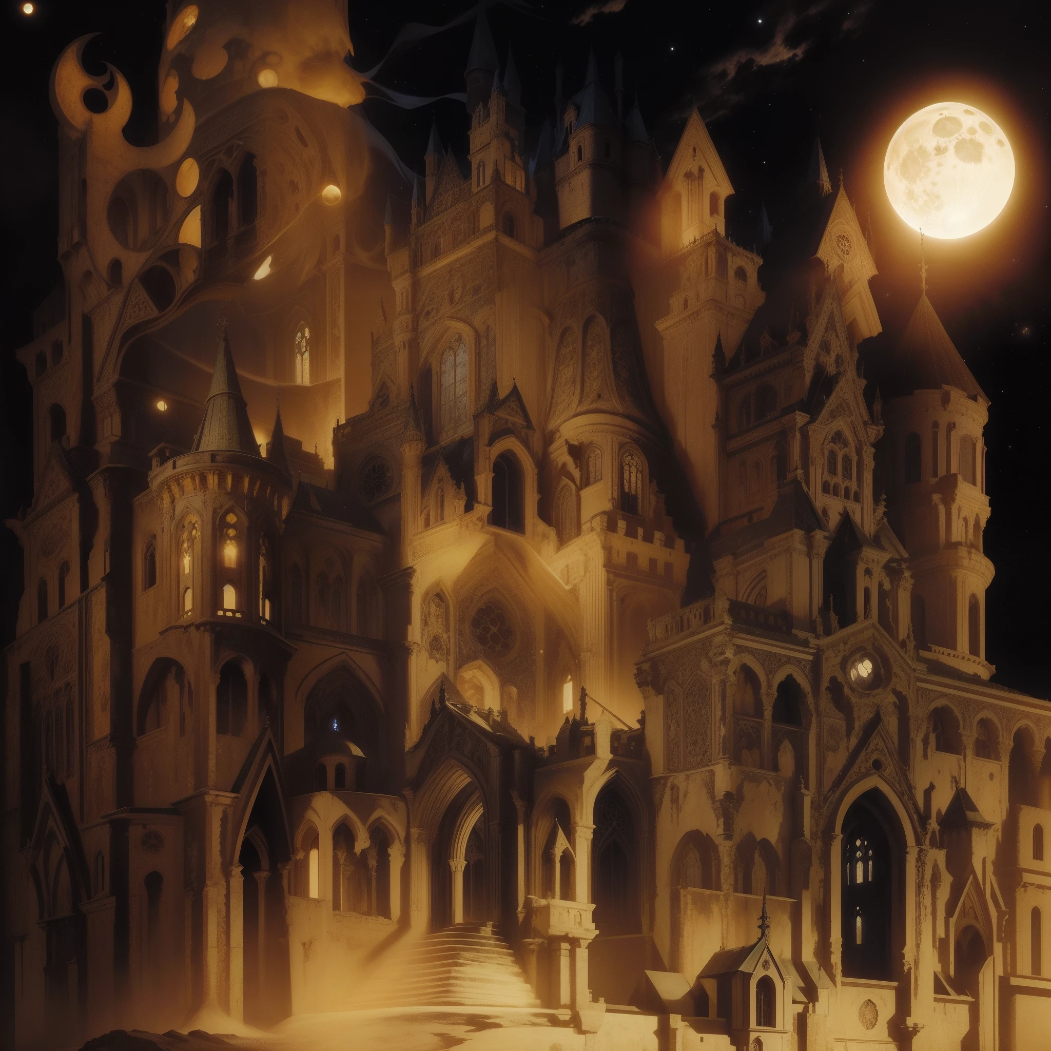 "There is a drawing of a castle with a full moon in the sky, fortaleza de fantasia sombria, in a castle on an alien planet, gothic castle, gothic church background, Castelo de Scarry). mistic, Castelo de Scarry)). mistic, arte detalhada da capa, fundo escuro do castelo, interplanetary cathedral, Castelo de Alta Fantasia, scary gothic architecture, Catedral do Sol, gothic building style, misture as imagens, combine as imagens, funda as imagens"