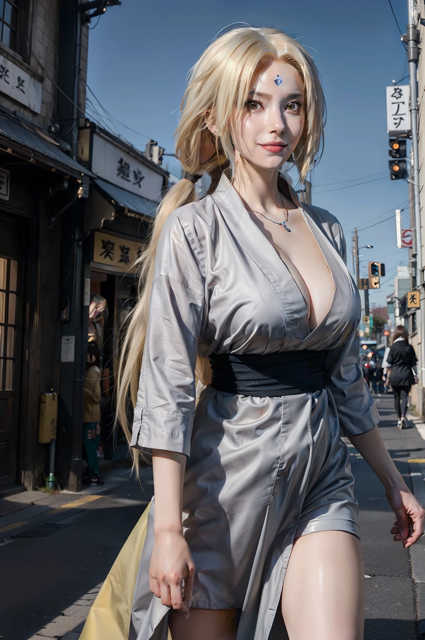 1girl, tsunade in anime naruto, long hair, yellow hair, yellow eyes, smile, beautiful, sexy dress, sexy clothes, grey clothes, very big breast, realistic clothes, detail clothes, outdoor background, ultra detail, real
