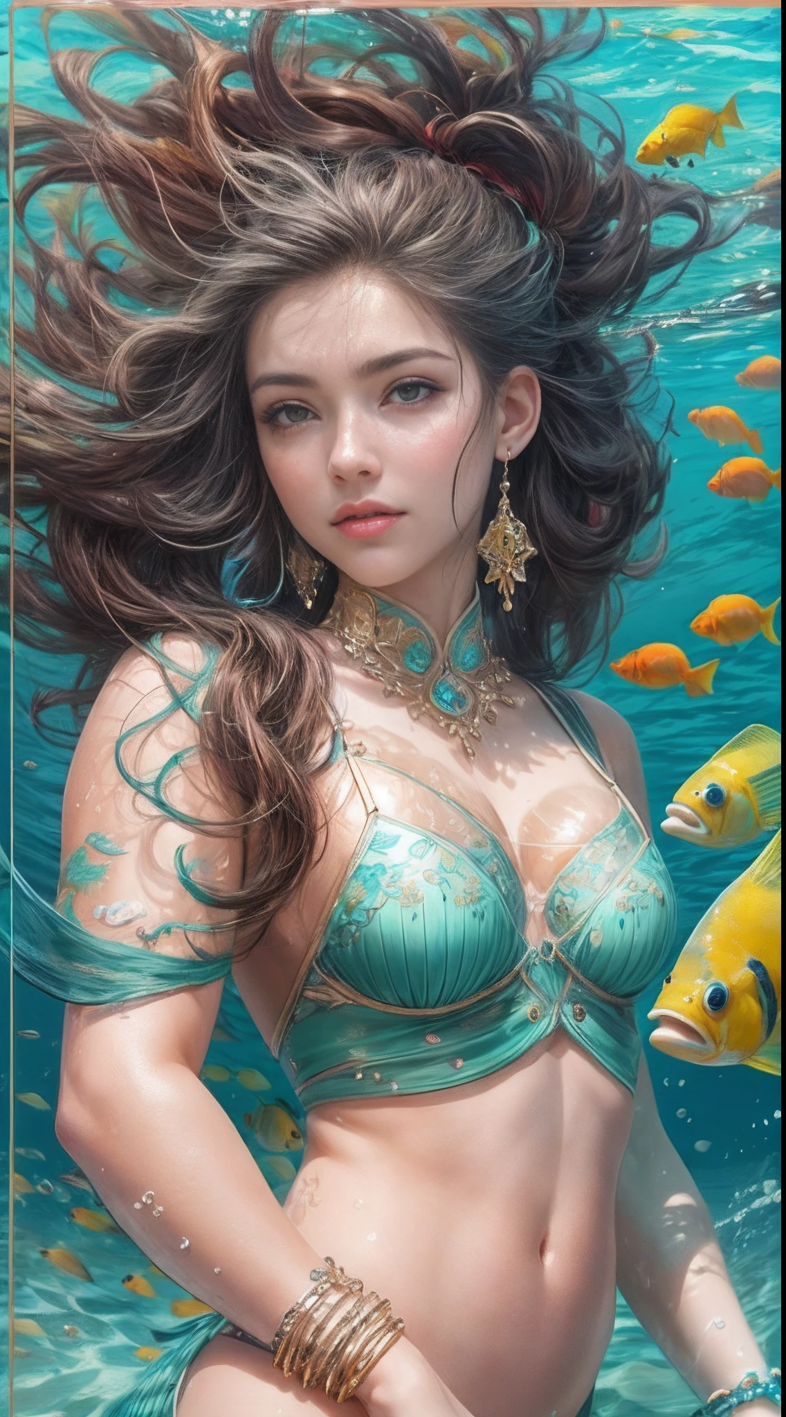 Vista de longitud completa,Vista de cuerpo completo, 20 yo, 20mm, (sirena :1.2), adulto, Buen, Cara hermosa, (Flotando bajo el agua), Paisaje submarino profundo, rodeado de peces de coral y caballitos de mar, Digital Illustration Art, Hermoso cabello largo turquesa que fluye,    Rostro angelical,maquillaje facial,  orejas puntiagudas,  (senos grandes), Pezones sobresalientes, cintura abierta, hombros abiertos, barriga abierta, barriga muscular, ombligo, Muslos Tichk, Escalas de Perlamutr, Top de seda blanca, 16k, (Renderizado de ultra alta calidad,fantastical realism, realista, Kinematic,intrincado, ultra detialed, Fondo detallado, alumnos detallados,cabello detallado), [hermosas palmeras, Hermosos dedos],
