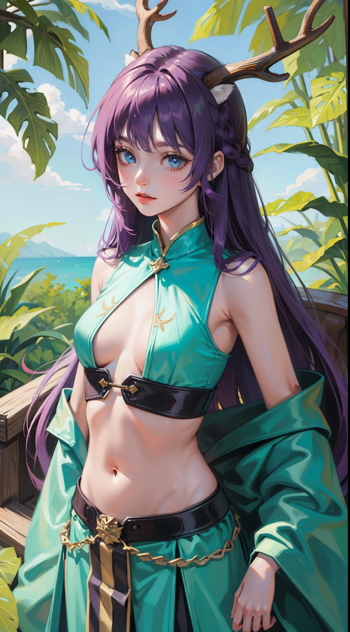 young girl, long purple hair, Cyan eyes, Deer antlers, confusion, Clothes made of leaves, Sleeveless, open belly, Masterpiece, hiquality