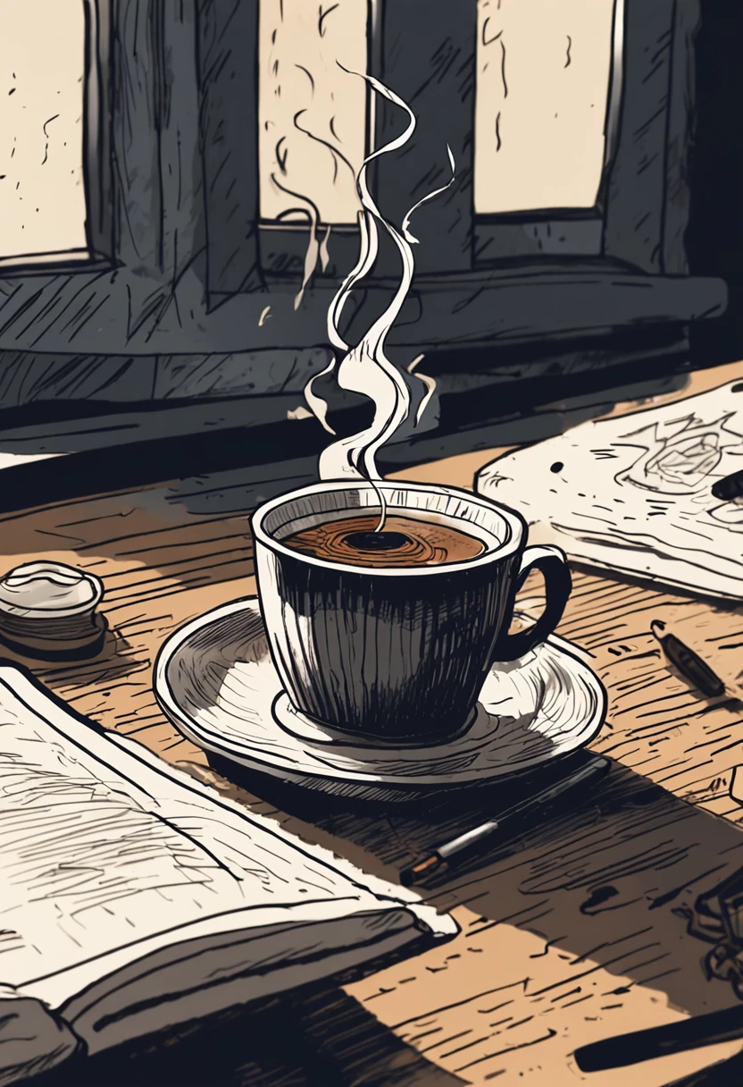 Draw a cup of coffee in one hand，Steam comes out of the coffee, Ink painting by Jaime Coulson, reddit, Happening, Hand drawn illustrations, coffee mug, drinking a cup of coffee, shaded ink illustration, Drink plenty of coffee, pen - and - ink illustration, pen and ink illustration, drinking a coffee, Ink illustration, A coffee