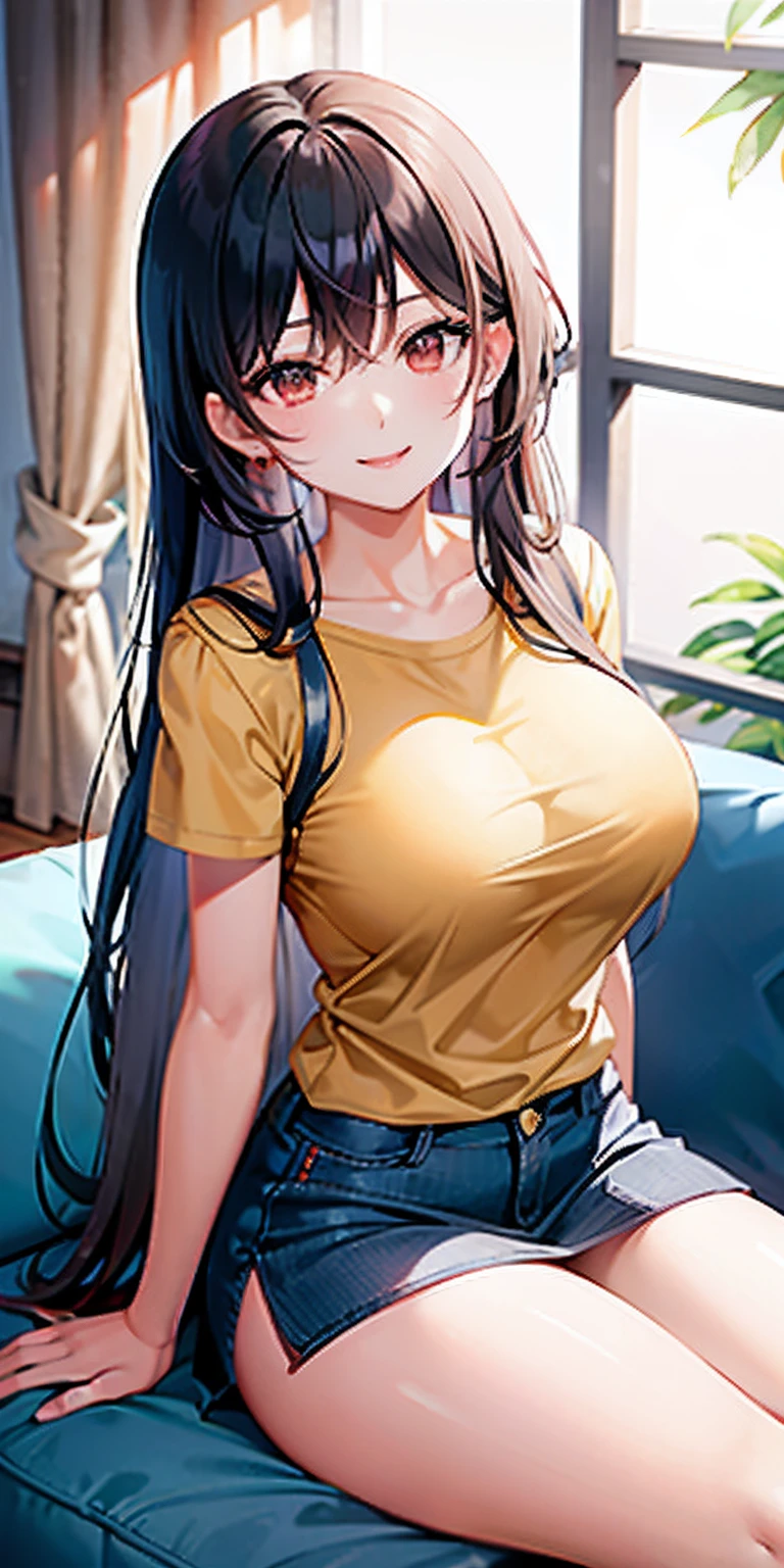 top-quality、超A high resolution、 1 人、Cross your legs、Yellow T-shirt 、Kcup boobs、Hair long、a miniskirt、sit on sofa、Sexy face smile、thicken thighs、Big butt、Chest sheer、Background bedroom