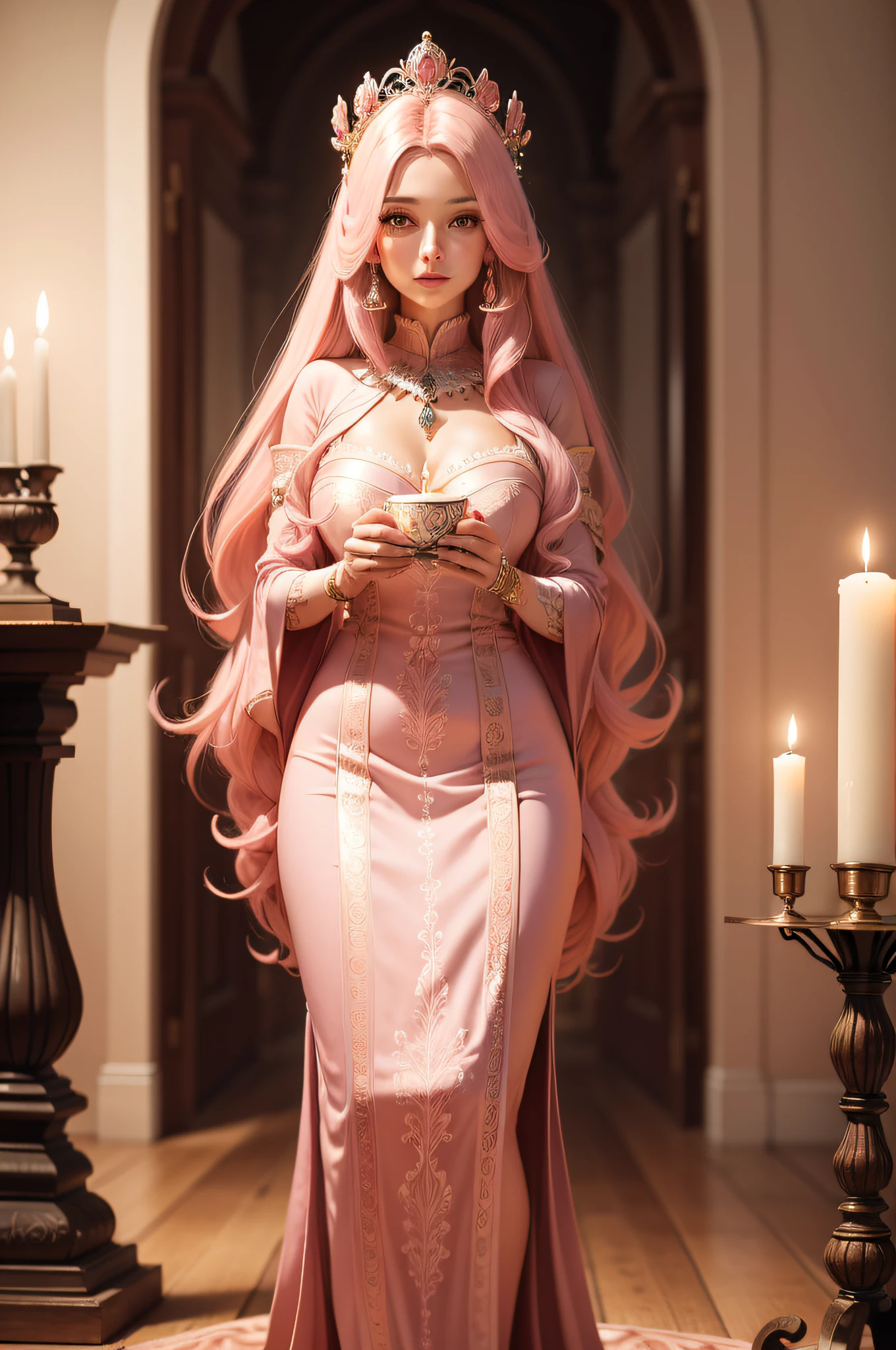 A beautiful woman standing looking at the viewer, long flowing straight hair old pink, Gorgeous ultra detailed dress in tea pink color with glitter, olhar extremamente perfeito e delineado, boca harmoniosa, maquiagem delicada, ambiente de um templo sagrado grego com colunas ornamentadas com arranjos florais, candles and candlesticks.