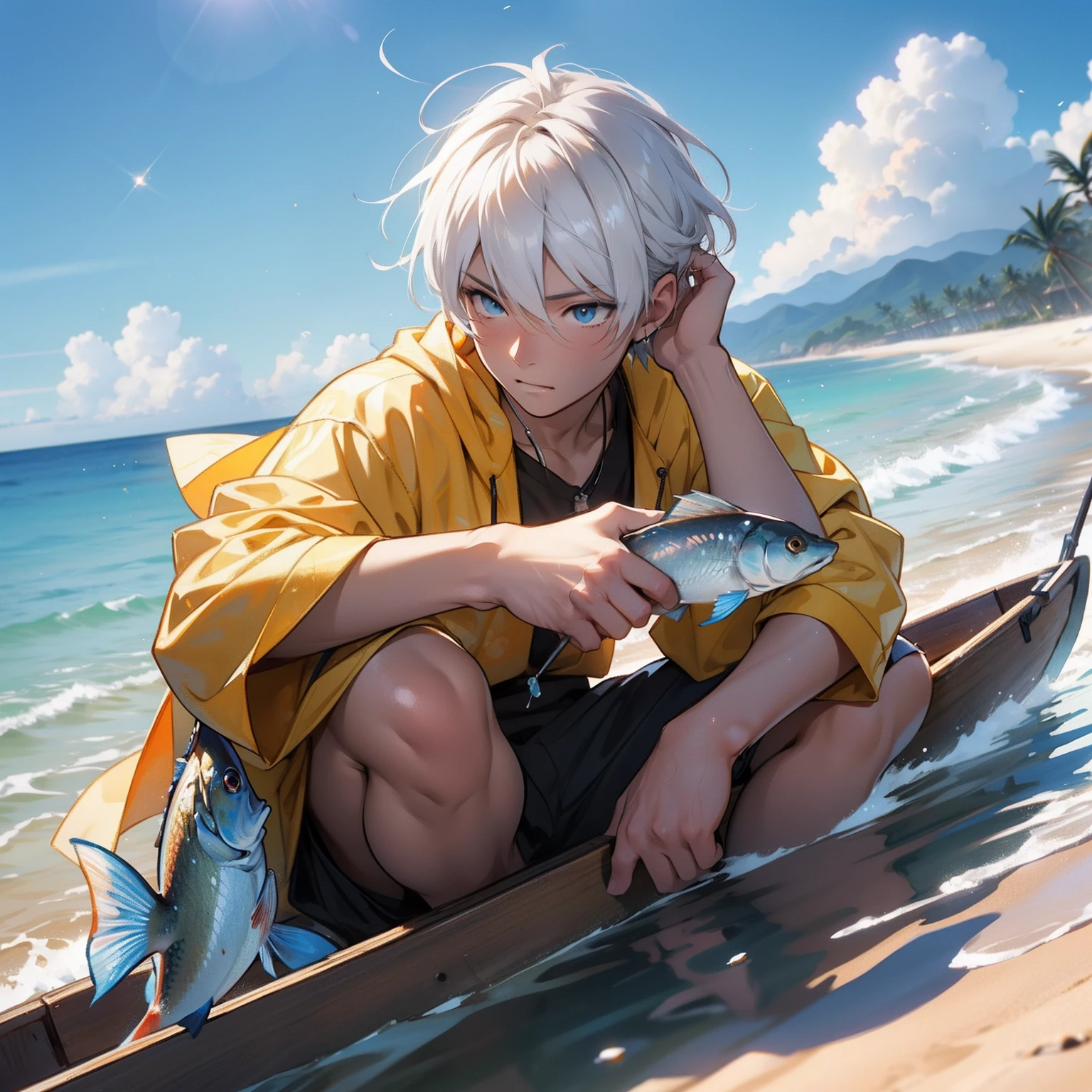 masutepiece, High resolution, 8K, Men in anime, Delicate and detailed writing 、Detailed digital illustration、细致背景、​masterpiece、Soft Focus , Bright gradient watercolor , Lens Flare , Glitter , Glow , Dreamy ,beautiful male、Hawaiian sea beach background、fisherman、The appearance of fishing、Fish bouncing、Splash background、extra detailed face、boat in background、Very large and double、Eyes with slits,,,,,、Eyes shine like diamonds、Fishing on the sandy beach、Sitting on the sandy beach、fisherman、White bee on the head、Dressed in a white fisherman's costume、A detailed face、high-level image quality、Hi-Res、hightquality,holding a large fish in your hands、White hair