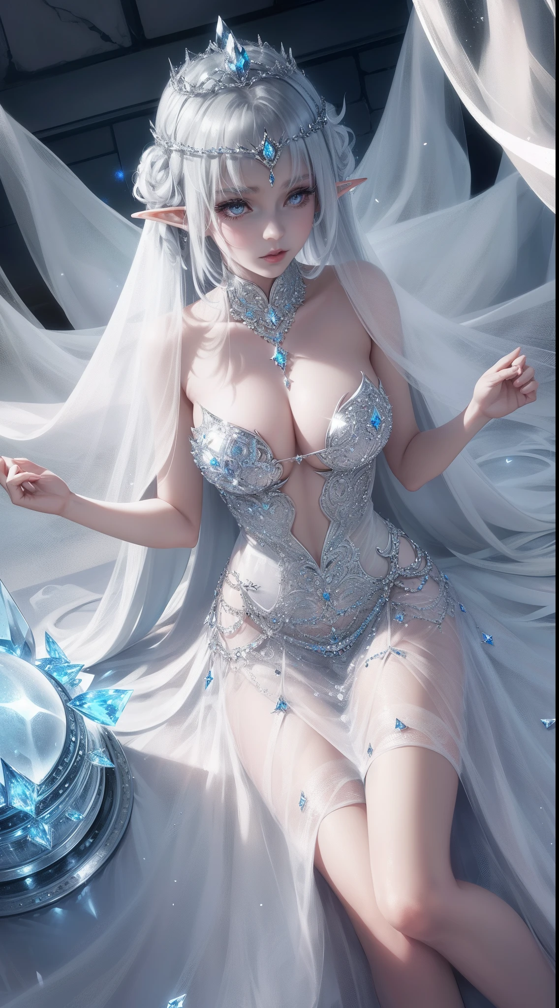 1girll, elf, fairy queen, White colored hair, Silver eyes, Crystal crown, diamonds, (((Silver dream tulle))), translucent cleavage dress, Transparent dress, Sparkling, full bodyesbian,Wide-angle photography,hyper HD, illusory engine, Volumetric lights