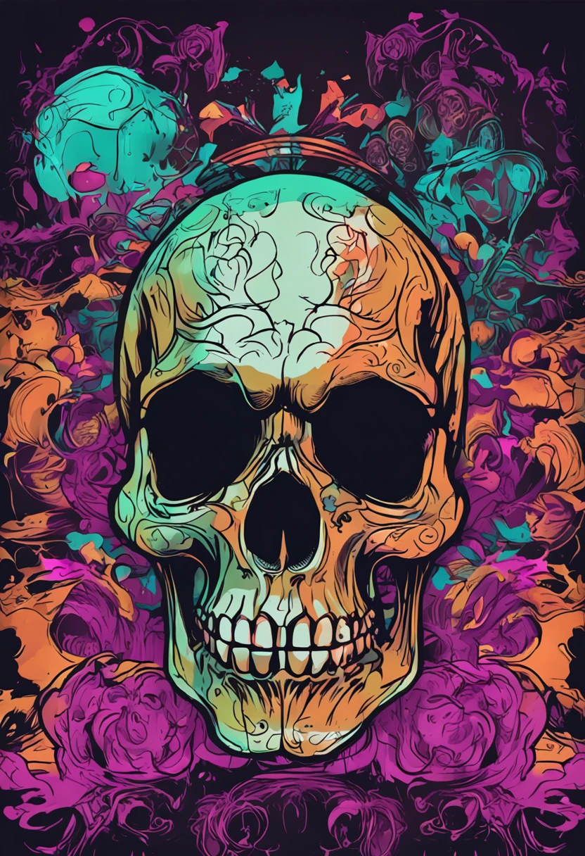 Skull，Smoke，hand painted style，Fluorescence effect，Random typesetting，