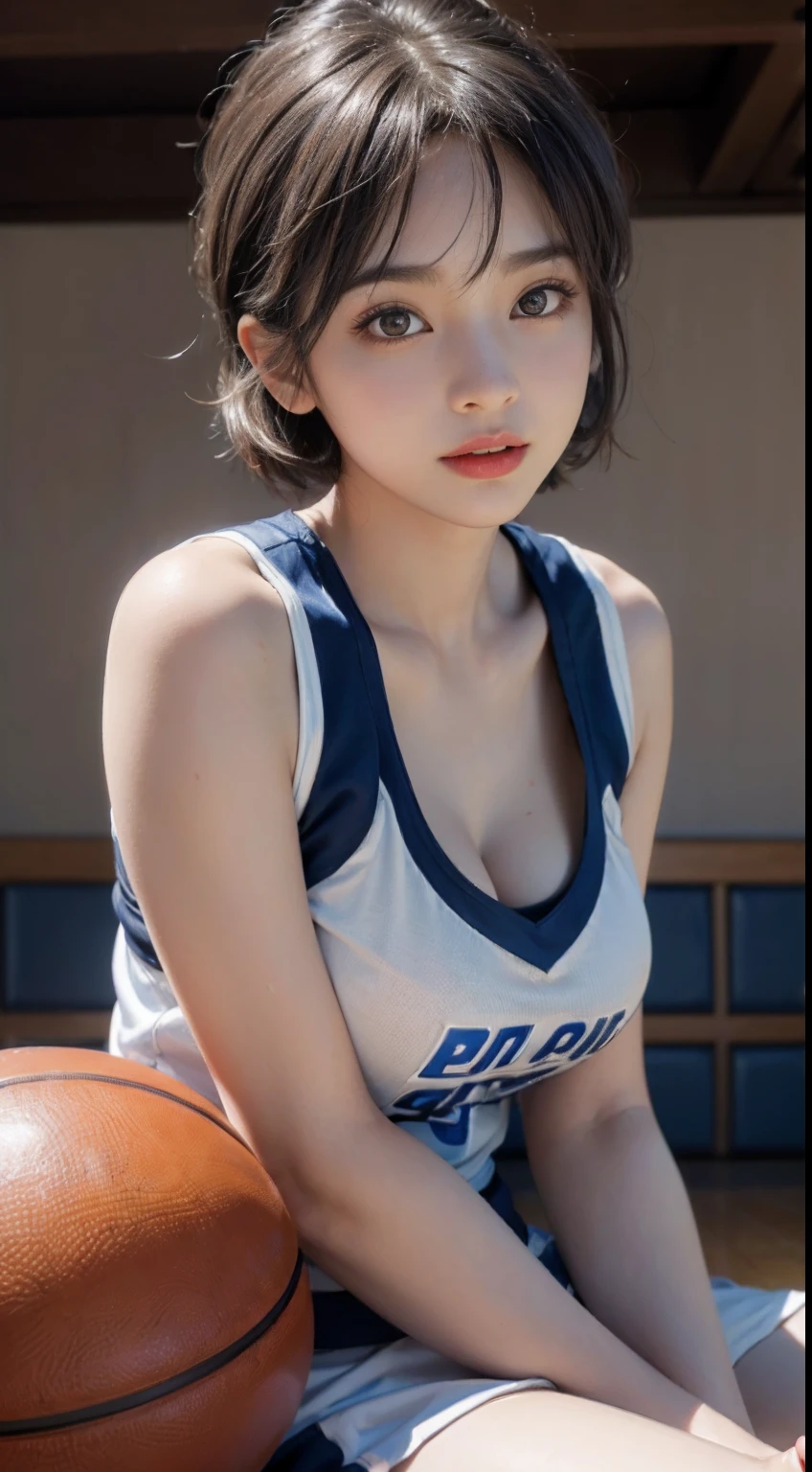（RAW photos，4K，tmasterpiece，A high resolution，extremly intricate）（realisticlying：1.4），Cinematic lighting Delicate girl with facial features
1 Girl， Single focus， Full body like，Summer noon， Playing the Basketball，Play basketball pose，thermography， 1990's\（styled\），White skin，(Bigchest，cleavage)， (Best quality), (A high resolution), (An extremely delicate and beautiful),,(Beautiful 8k face),(Brown eyes),(Ulzzang-6500:1.0),(Large breasts),(NBA),(Basketball sportswear),((Play basketball)),((gymnasium)),((Speed)),(reality),（jiayi：1.5）， closeup cleavage， tmasterpiece， best qualtiy， RAW photogr， realisticlying， the face， Incredibly Ridiculous res， beuaty girl， adolable， short detailed hair， depth of fields， A high resolution， ultra - detailed， finedetail， The is very detailed， Extremely detailed eyes and face， Sharp pupils， realistic pupil， tack sharp focus， cinmatic lighting