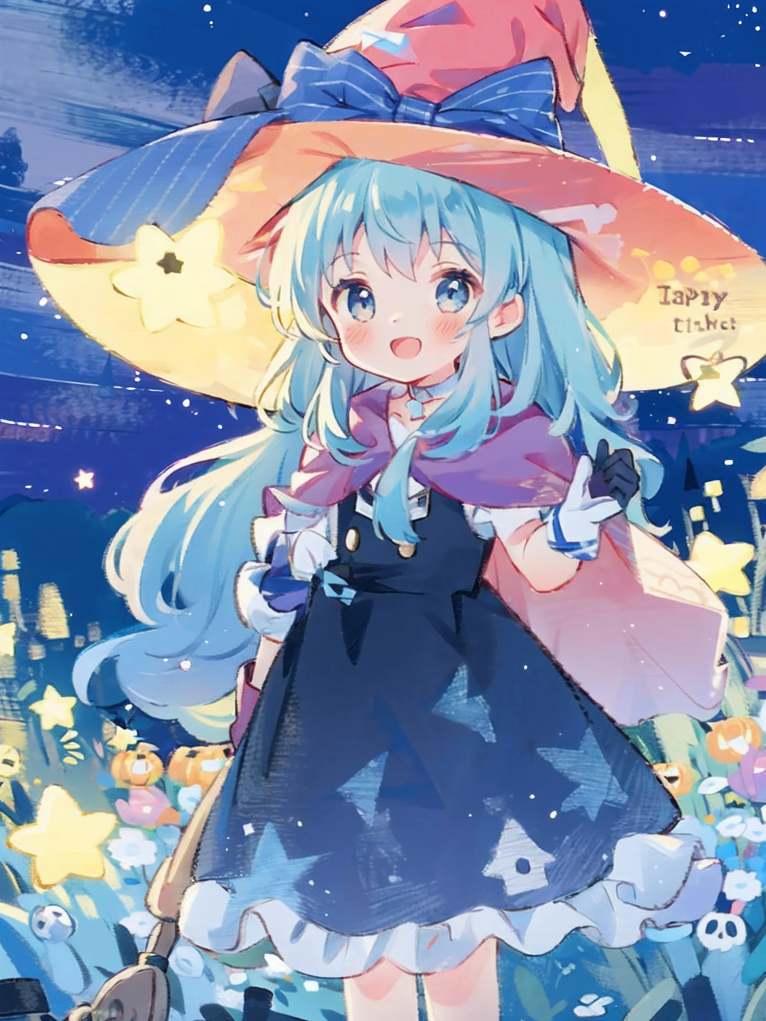 ((masterpiece:1.2, best quality)), 1girl, solo, (witch hat), a close up of a girl with curly hair, dress, aurora, night, star (sky), gloves, sky, dress, night sky, open mouth, starry sky, light blue eyes, ribbons, smile, cape, blue hair, magic, casting spell, night, (impressionism:1.4), alphonse mucha, Halloween colors, colorful candy