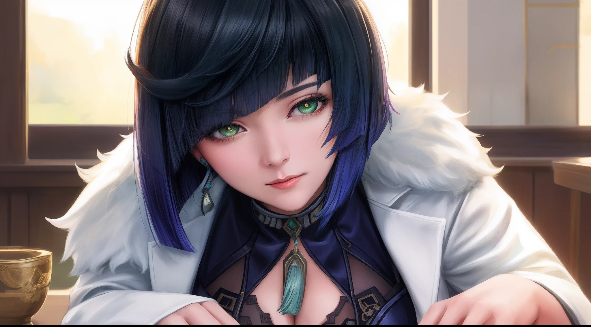 adult woman, (yelan genshin impact), focused upper body, realistic, (short hair), green pupils, sitting pose, leaning on table, white fur overcoat