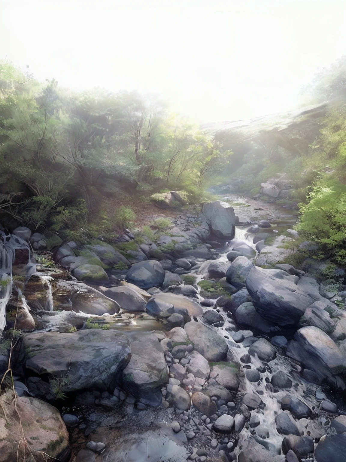 there is a stream running through a rocky area with trees, small stream, small creek, small river on the ground, river flowing beside the robot, river with low hanging plants, streams and rocks, next to a small river, small water stream, water stream, small river, lavs flowing through the land, mysterious , stream, by Alexander Brook, babbling brook