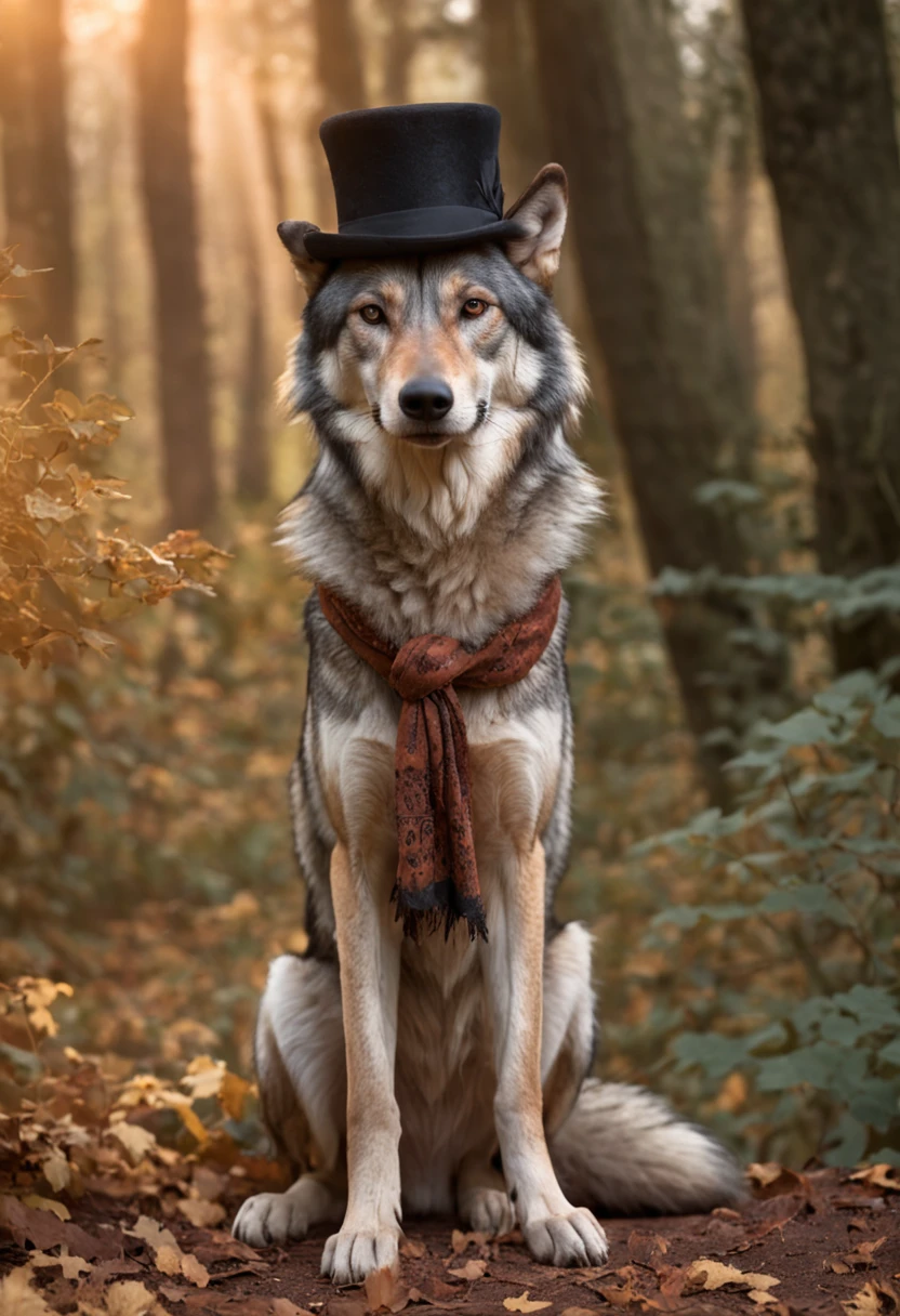 big bad wolf, A big standing wolf，A scarf is wrapped around his neck，A top hat is worn on his head. He sat on a rock and waited. Golden sunlight shines through the tall leaves, Create a shadow pattern on the ground. A soft mist shrouds the trees in the background, Give the scene a spooky feeling. Create an image，Capture the magical and mysterious atmosphere of this moment in the Enchanted Forest.