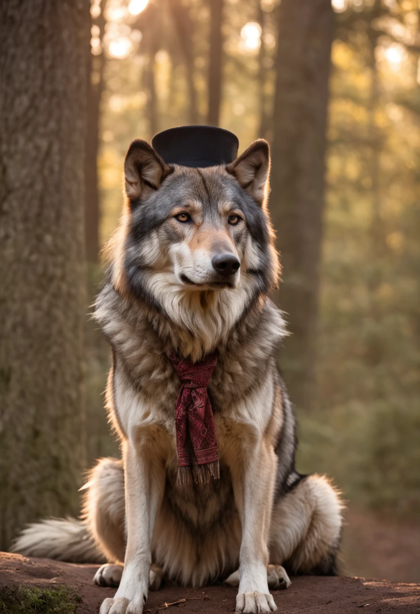 big bad wolf, A big standing wolf,A scarf is wrapped around his neck,A top hat is worn on his head. He sat on a rock and waited. Golden sunlight shines through the tall leaves, Create a shadow pattern on the ground. A soft mist shrouds the trees in the background, Give the scene a spooky feeling. Create an image,Capture the magical and mysterious atmosphere of this moment in the Enchanted Forest.