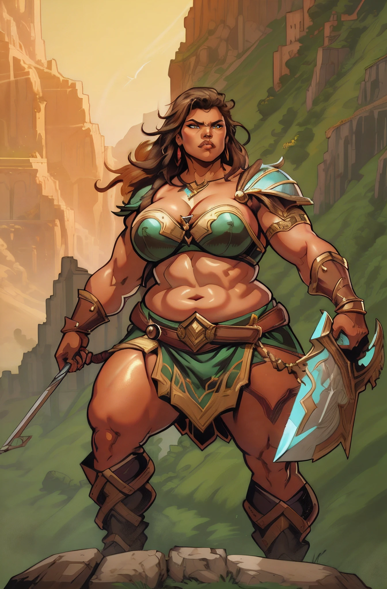 "An absolute masterpiece with the highest quality, featuring a magnificent bronze skinned female character striking a heroic pose while standing boldly on a cliff, wearing barbarian armor, angry expression, exuding confidence and power, and showcasing a charming and chubby physique." (hanging breasts: 2.0) (wide waist)