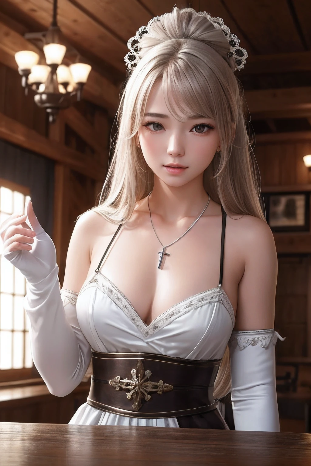 (Skindent:1.5), realisitic, Photorealsitic, (masterpiece:1.5), concept-art, intricate detailes, high-detail, Photorealsitic, octane renderings, 8K, unrealengine, dynamicposes, Top image quality, hight resolution, ((Dramatic)), epic poem, depth of fields, 8K, Particle, (lifelike face:1.1, surrealistic:1.1), ((1girl in, a closeup, small tits, perfect eyes, finely eye, high quality eyes, high quality eyes, perfect_face, face with high quality, shinny skin:1.2, Shiny face:1.2, embarrassed from、red blush:0.8))、server、Rustic tavern interior in the background、pitcher、signboard、Cheerful fantasy atmosphere、细致背景、Wooden bar table blurred as foreground、(((silber hair、perfect hand)))、((clergyman、priest、high priestess、White miter、White Tabard Crossprint、Elbow gloves、pelvis curtain、耳Nipple Ring、a necklace))、are visible、Beautiful nipples、Beautiful areola