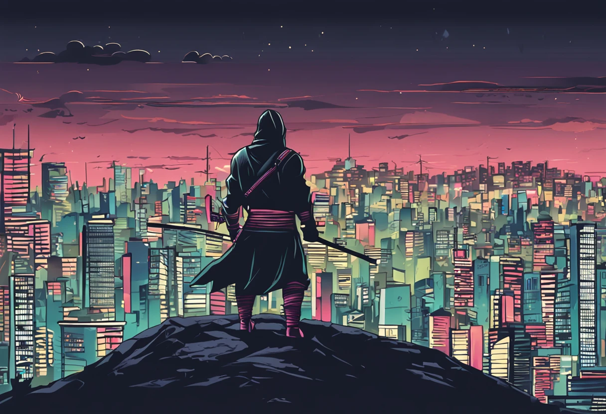 ninja de mascara cobrindo o rosto, no telhado de uma casa,Japan, ninja forte, a noite, chuva fina e densa, estilo Ninja Gaiden, standing looking out over the city, vento pela roupa, arms crossed.