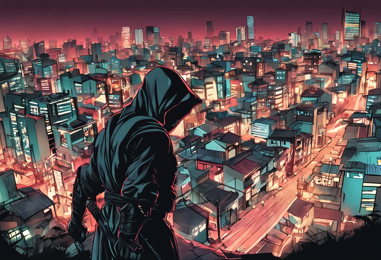 ninja de mascara cobrindo o rosto, no telhado de uma casa,Japan, ninja forte, a noite, chuva fina e densa, estilo Ninja Gaiden, standing looking out over the city, vento pela roupa, arms crossed.
