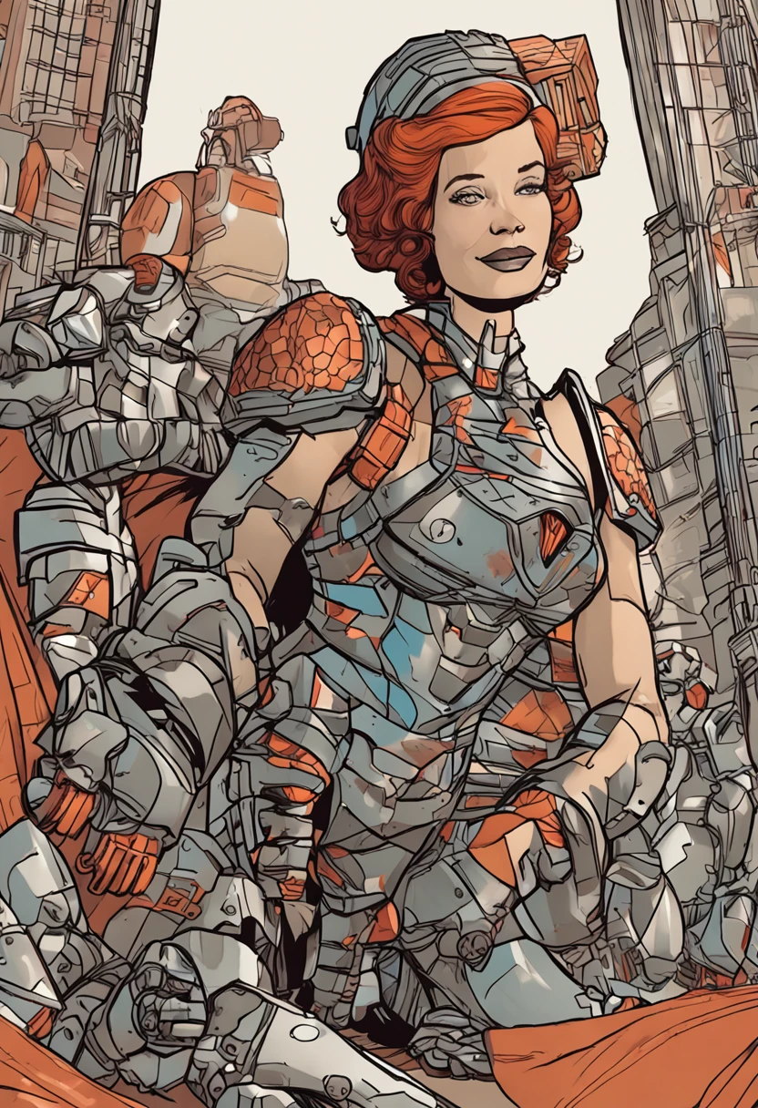 mulher vestida com a armadura do homem de ferro, morena de cabelos compridos , de 1,60 de botas vermelhas, estilo cartoon