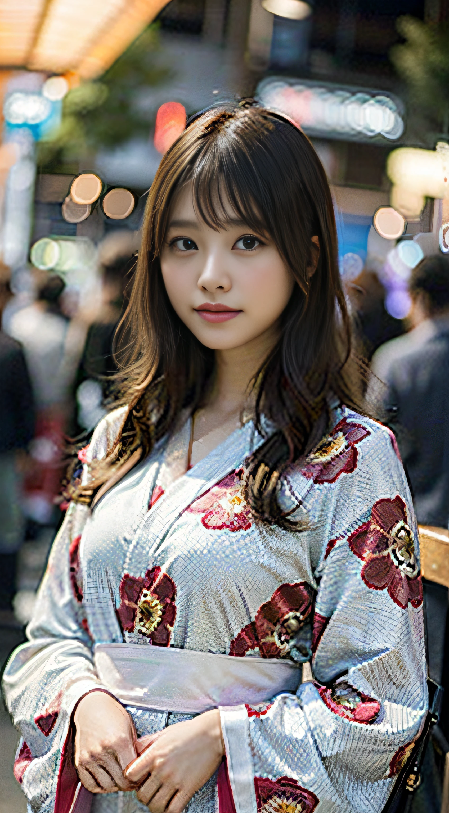 (8K、Raw photography、top-quality、masterpiece:1.2)、(realisitic、Photorealsitic:1.37)、ultra-detailliert、超A high resolution、女の子1人、see the beholder、beautifull detailed face、A smile、Constriction、(Slim waist) :1.3)、The shirt、Beautiful detailed skin、Skin Texture、floated hair、profetional lighting、full body Esbian、Summer Festival Snapshot。Yukata Date。Yukata at the fireworks display。Yukata at the summer festival。Summer yukata。Fireworks Festival。blanche、Yukata with pale pink floral pattern。