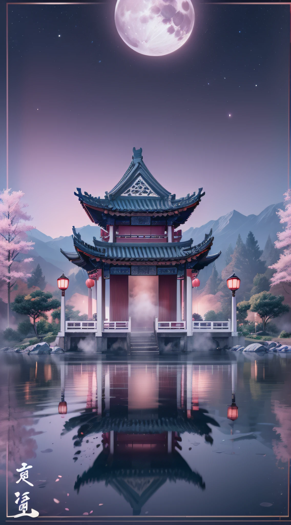 ((with the huge moon in the background)),((There is 1 ancient Chinese building in the middle of the lake)),There are lotus flowers on the sparkling water,Fog shrouded,the night,Lilac tones,Mountain x1.2,Paper sculpture x1.5,Tilt-Shift,Cloud x1.3,(clubs),Soft lighting,Oriental elements,Dreamy,Pastel colors,Bright colors,Traditional Chinese color scheme,reasonable design,Clear lines,High sharpness,Best quality,Very detailed,Masterpiece,offcial art,movie light effect,4K