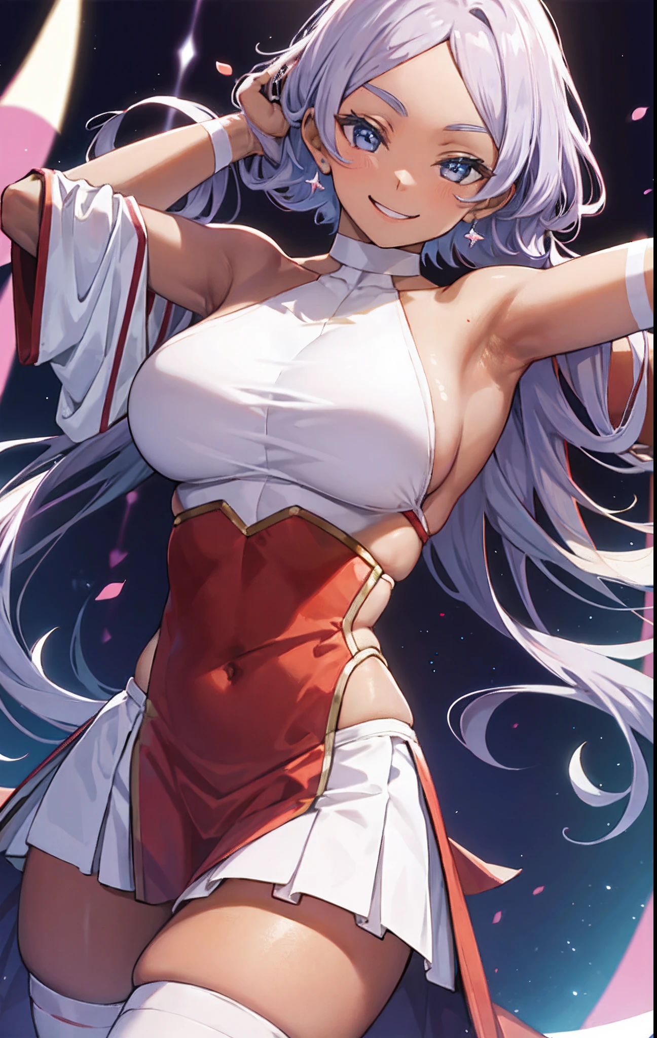 Secelia Dote, presenting armpit, smile, arm behind head, side boob, under boobs