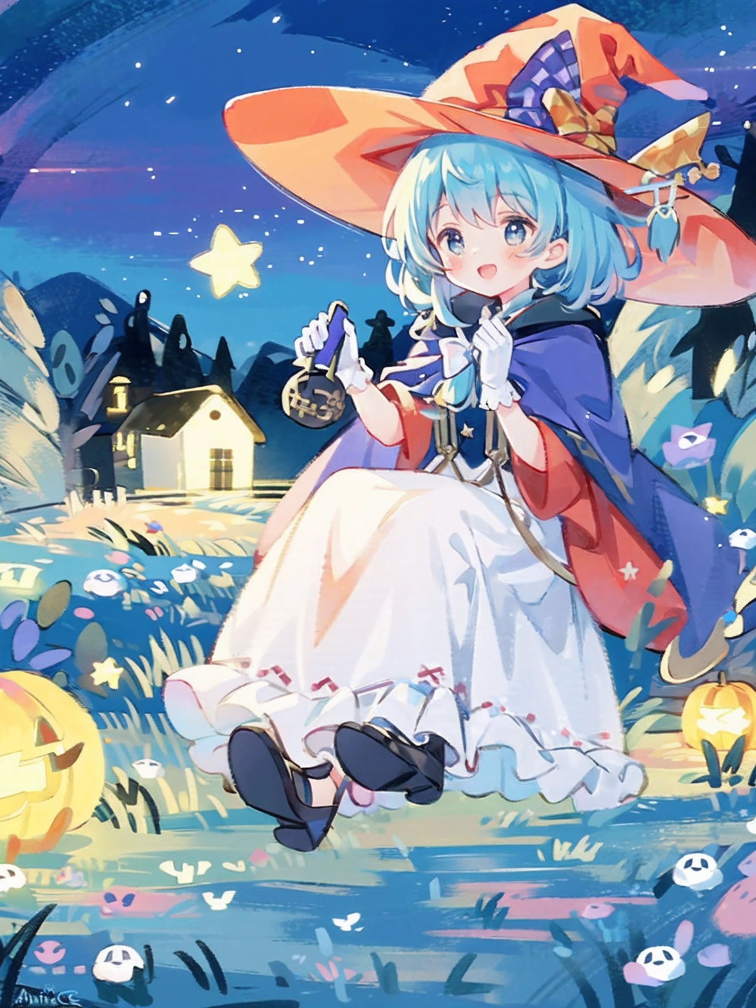 ((masterpiece:1.2, best quality)), 1girl, solo, (witch hat), a close up of a girl with curly hair, dress, aurora, night, star (sky), gloves, sky, dress, night sky, open mouth, starry sky, light blue eyes, ribbons, smile, cape, blue hair, magic, casting spell, night, (impressionism:1.4), alphonse mucha, Halloween colors, colorful candy