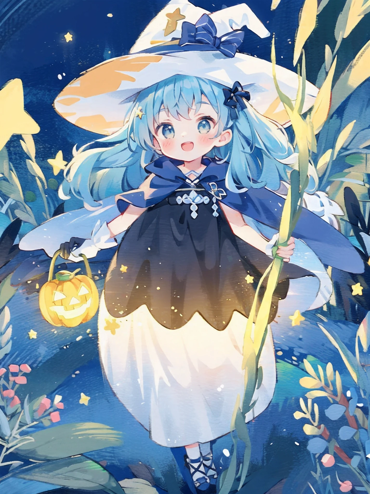 ((masterpiece:1.2, best quality)), 1girl, solo, (witch hat), a close up of a girl with curly hair, dress, aurora, night, star (sky), gloves, sky, dress, night sky, open mouth, starry sky, light blue eyes, ribbons, smile, cape, blue hair, magic, casting spell, night, (impressionism:1.4), alphonse mucha, Halloween colors, colorful candy