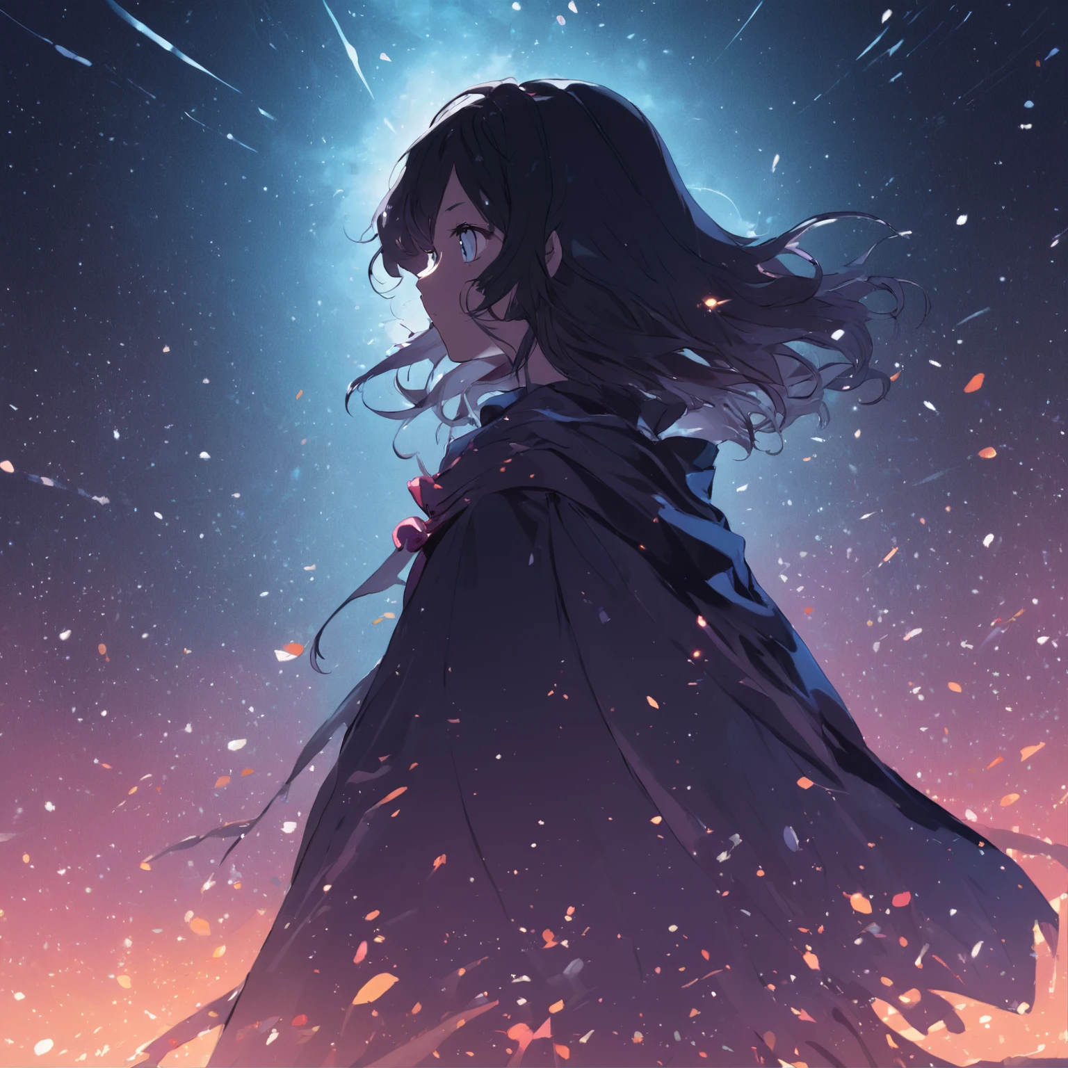 Long-haired girl wearing cape silhouette under the stars