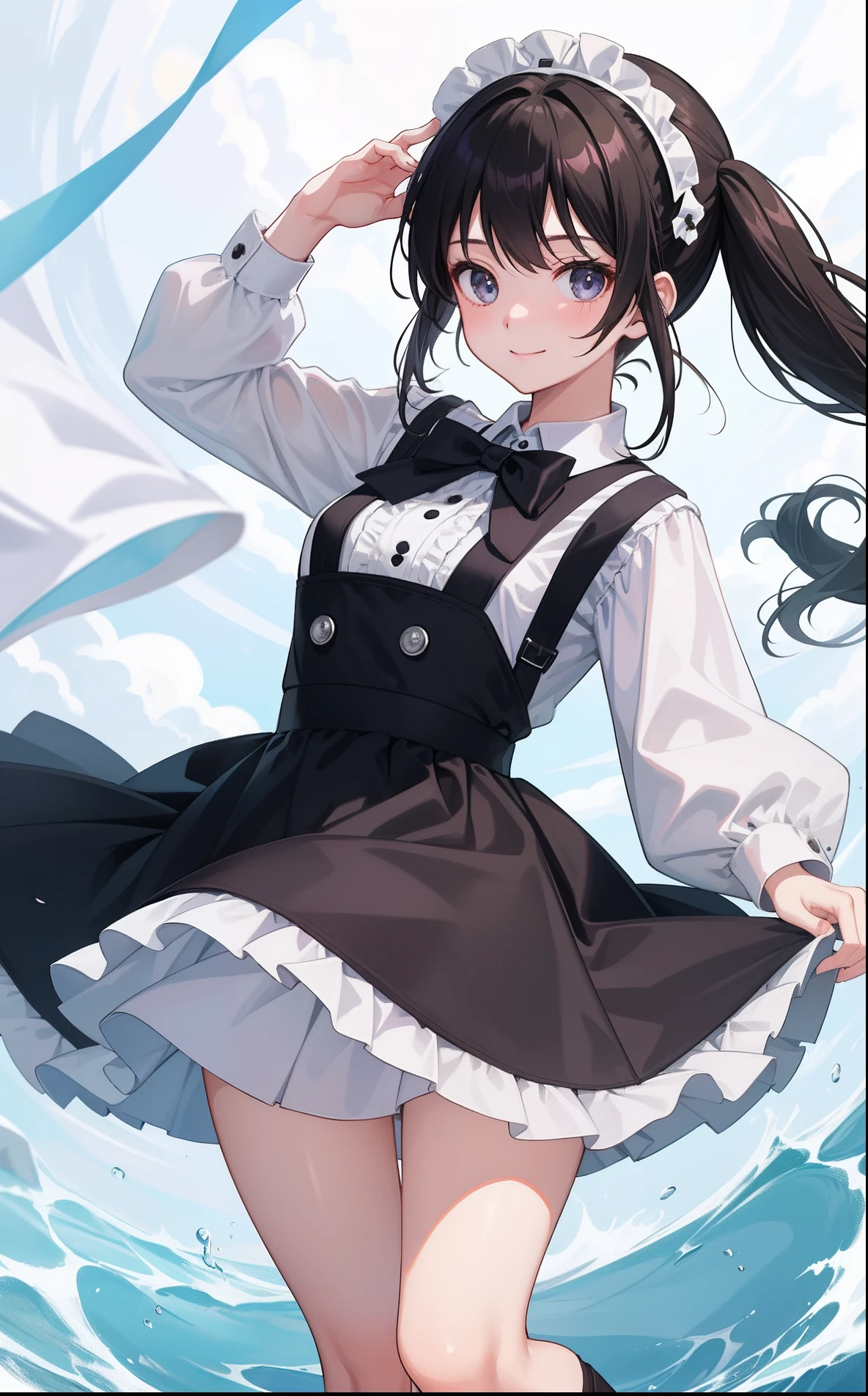 1girl in、AS-Adult、A smile、A delightful! The shirt、skirt by the、(small tits)pinafore、doress、hair adornments、(Maids)、Spring breeze、