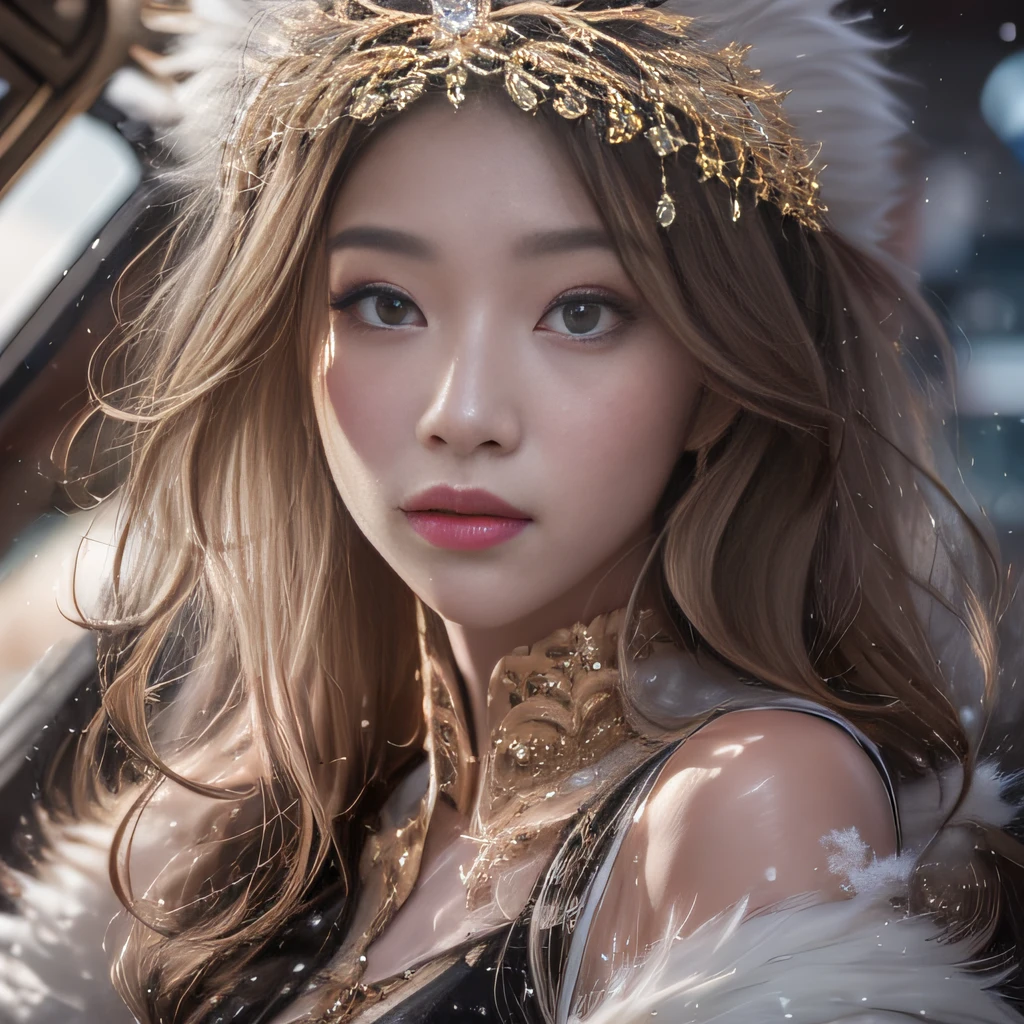 32K(tmasterpiece,k hd,hyper HD,16k)short detailed hair,Vintage train in the back room,Snow Circle Forbidden Land,The nostrils look at people (realisticlying:1.4),Python robe,Purple-pink tiara,Snowflakes fluttering,The background is pure, A high resolution, the detail, RAW photogr, Sharp Re, Nikon D850 Film Stock Photo by Jefferies Lee 4 Kodak Portra 400 Camera F1.6 shots, Rich colors, ultra-realistic vivid textures, Dramatic lighting, Unreal Engine Art Station Trend, cinestir 800,Close-up of the side of the half,There is light in the eyes,Burgundy hair,Rouge light makeup,Thin coating,North China Girl