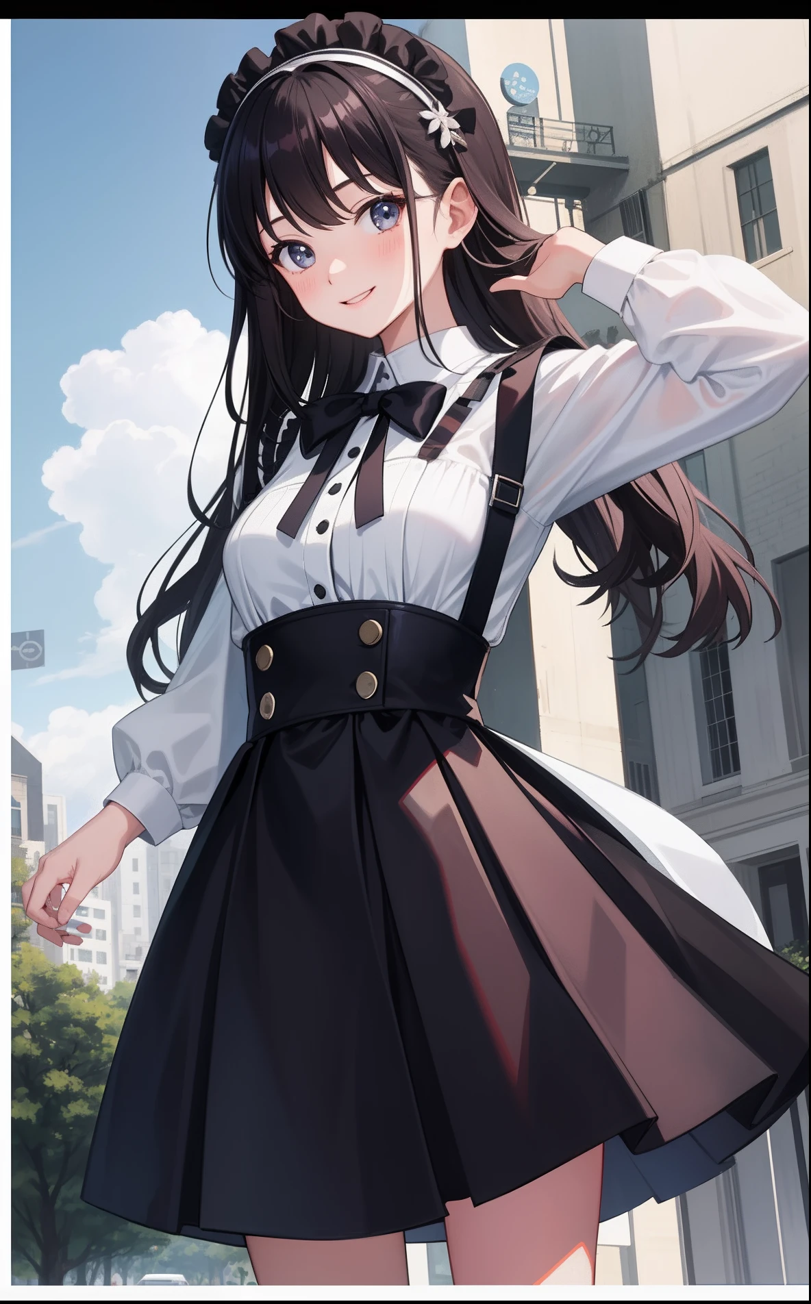 1girl in、AS-Adult、A smile、A delightful! The shirt、skirt by the、(small tits)pinafore、doress、hair adornments、(Maids)、Spring breeze、