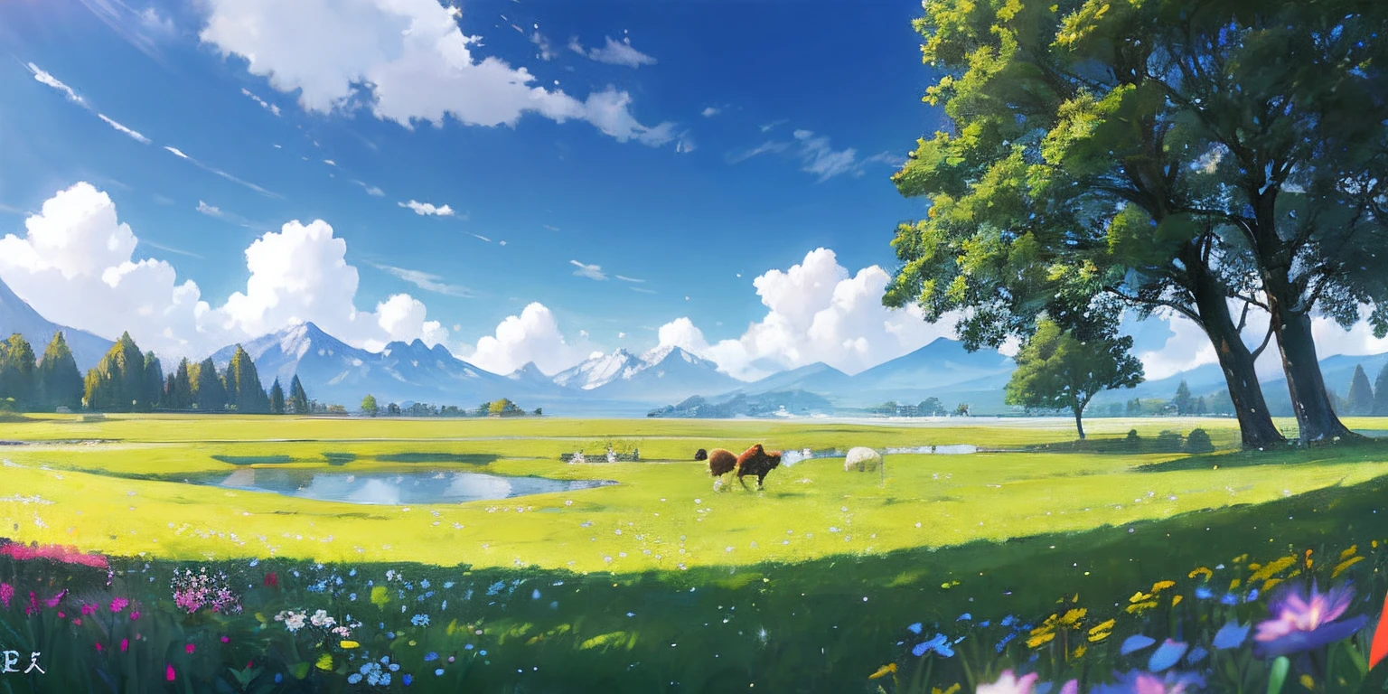 Summer, meadows, few small flowers, clear lakes, sheep, heaven, large clouds, blue sky, hot weather, HD detail, wet watermark, hyper-detail, cinematic, surrealism, soft light, deep field focus bokeh, distant view is snowy mountains, ray tracing, and surrealism. --v6
