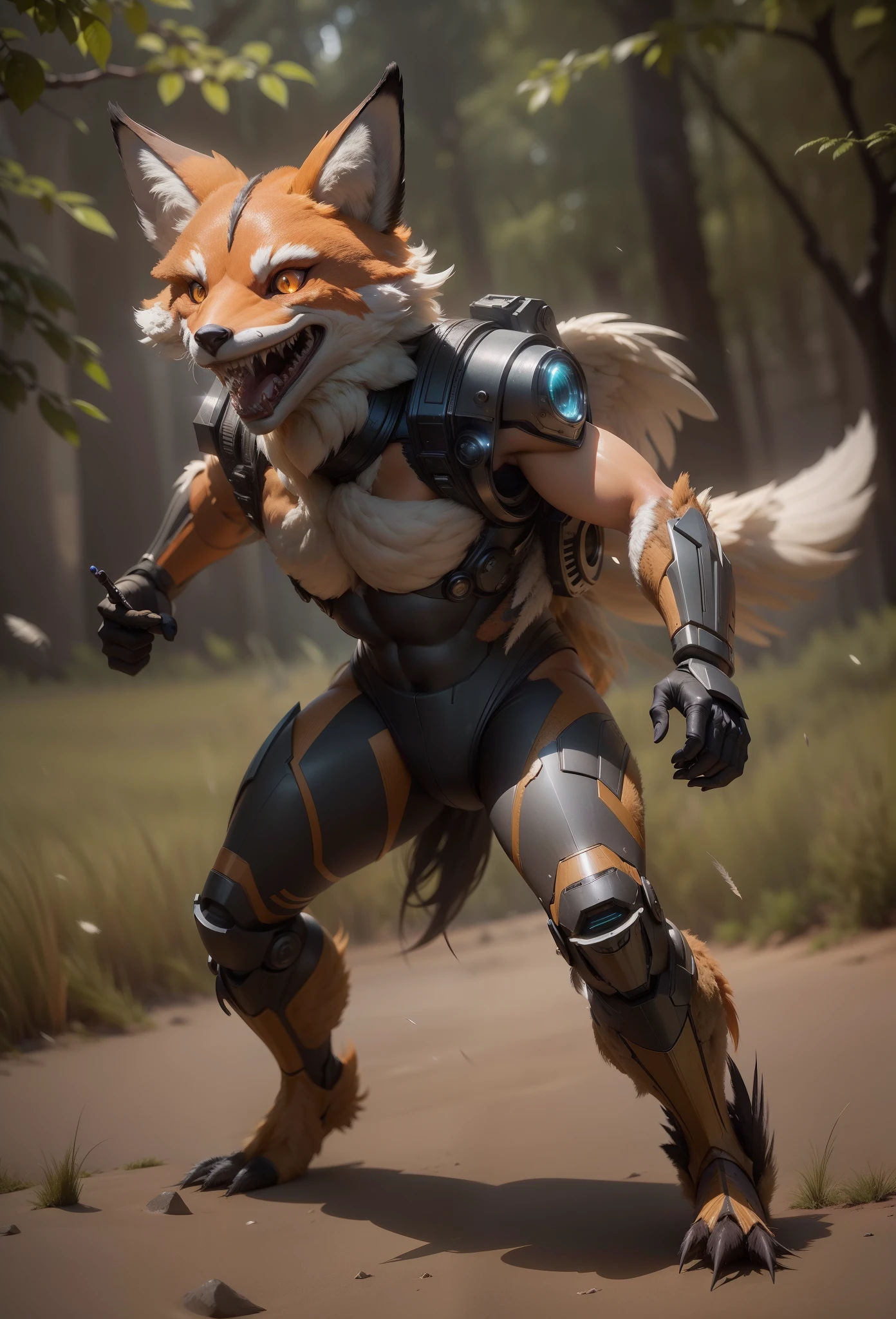 Sci fi humanoid creature with the feathers of a fox and mutant traits similar to rocket grinning teeth real photography, natural light, photorealism, cinematic rendering, ray tracing, the highest quality, the highest detail, Cinematic, Third-Person View, Blur Effect, Long Exposure, 8K, Ultra-HD, Natural Lighting, Moody Lighting, Cinematic Lighting